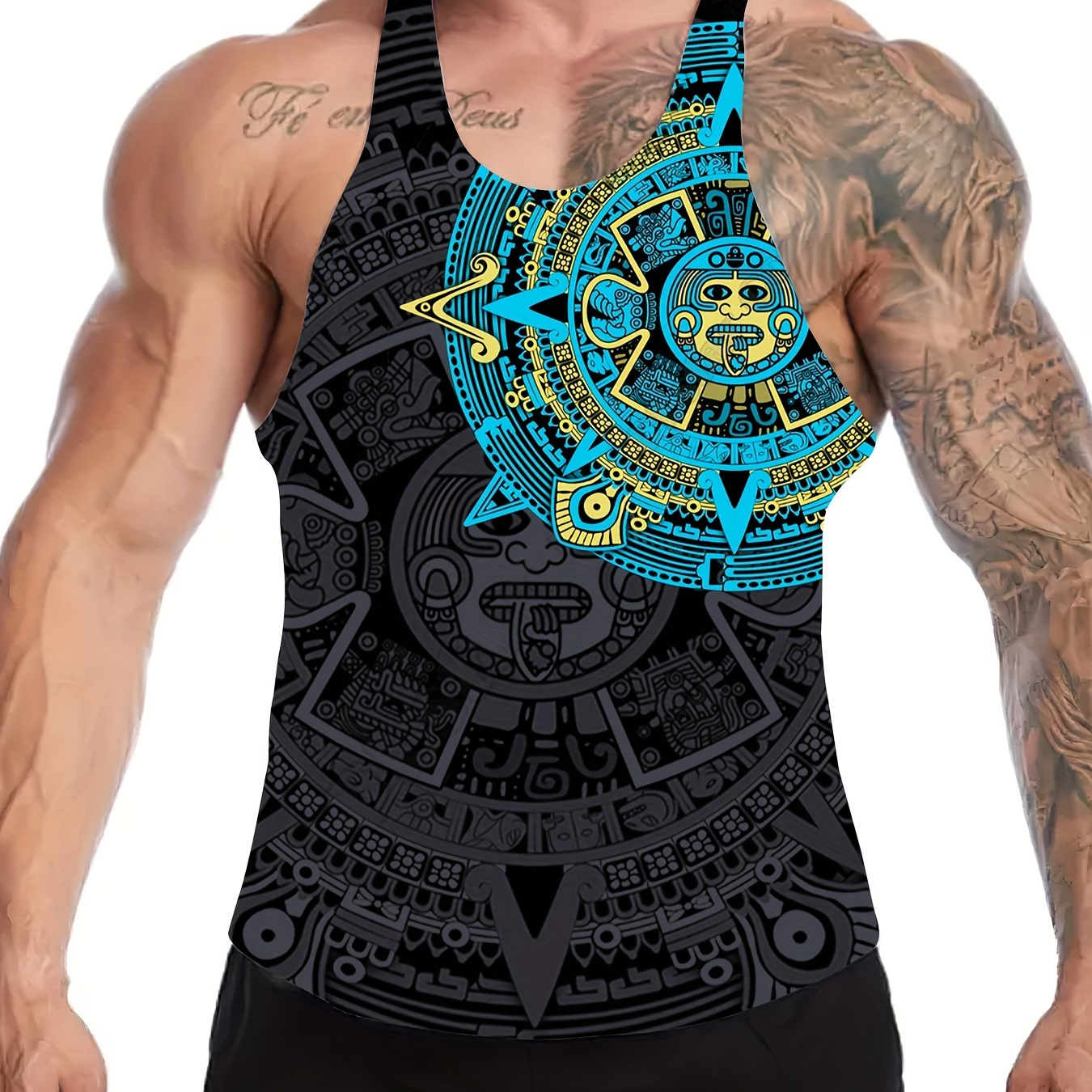 

Men's Trendy Crew Neck Tank Top With Fancy Prints, Street Style For Summer Daily Wear Or Sports