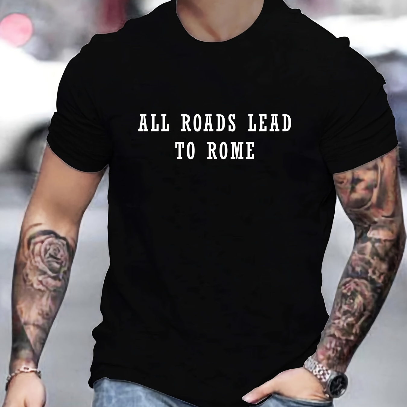 

'all Roads Lead To Rome' Pattern Tee, Men's Casual Crew Neck T-shirt For Spring And Summer