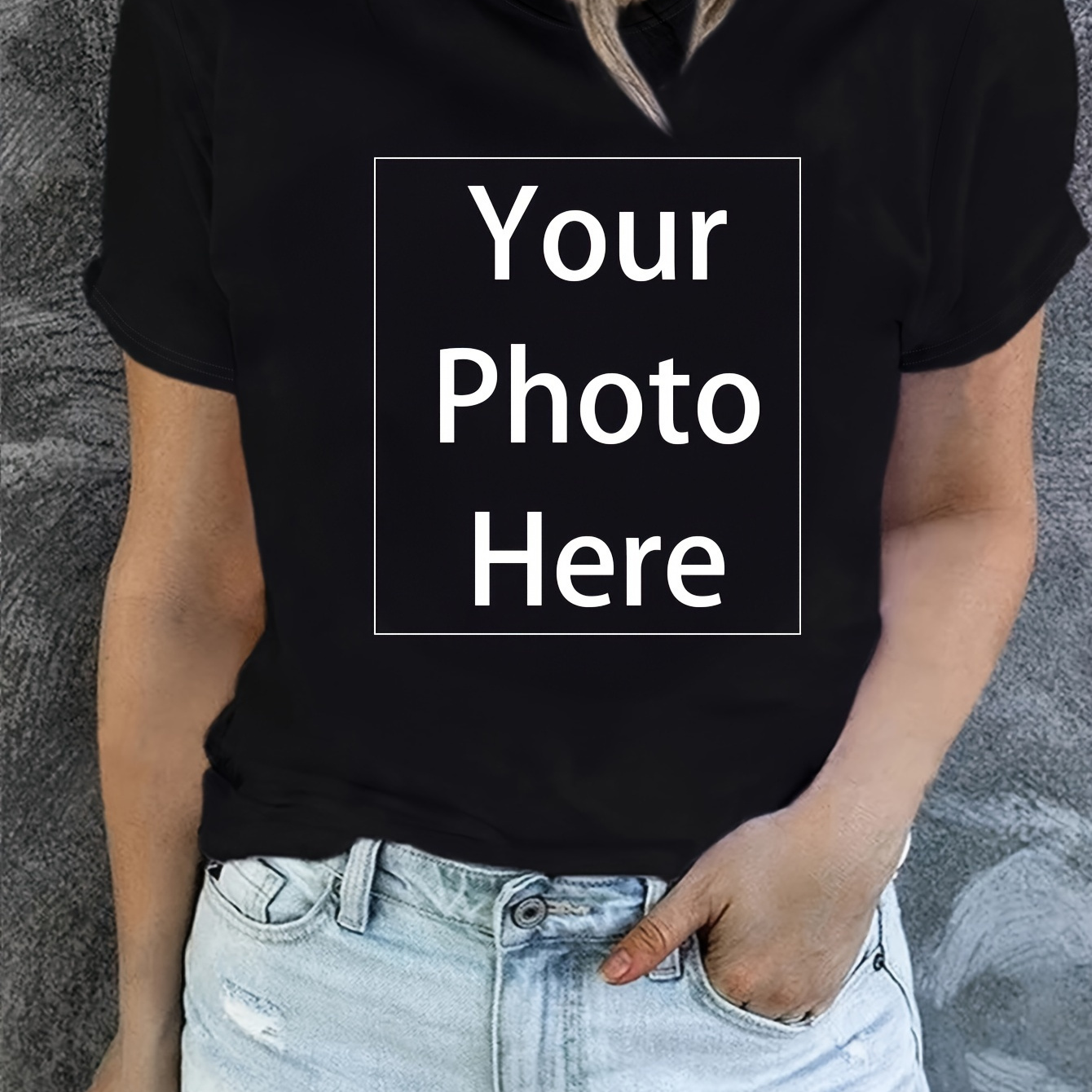 

Your Photo Here Print T-shirt, Customized Merchandise Short Sleeve Crew Neck Casual Top For Summer & Spring, Women's Clothing