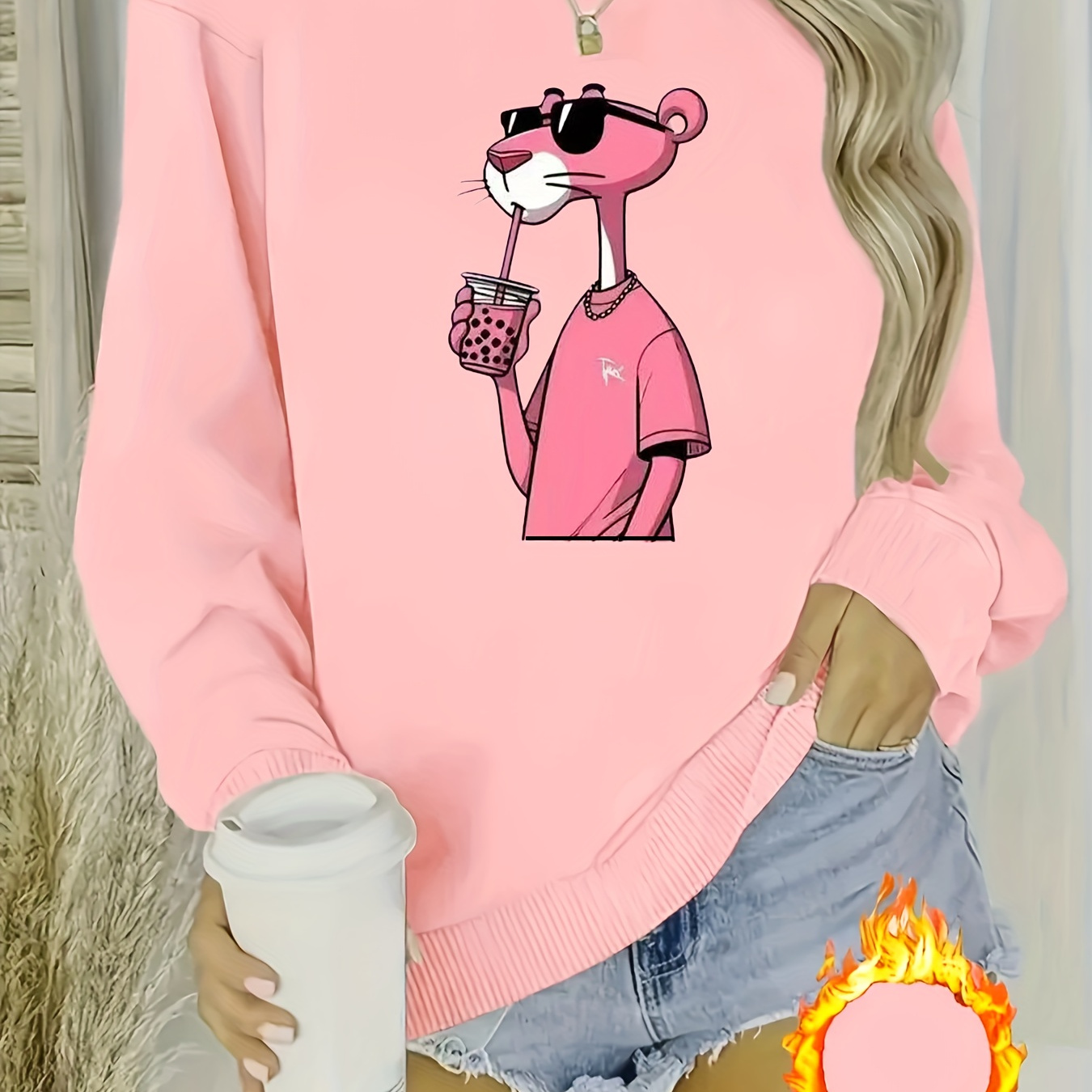 

Women's Pink Cartoon Graphic Sweatshirt - Cozy Polyester , Long Sleeve Crewneck With Fun Animal Design, Casual Wear Or