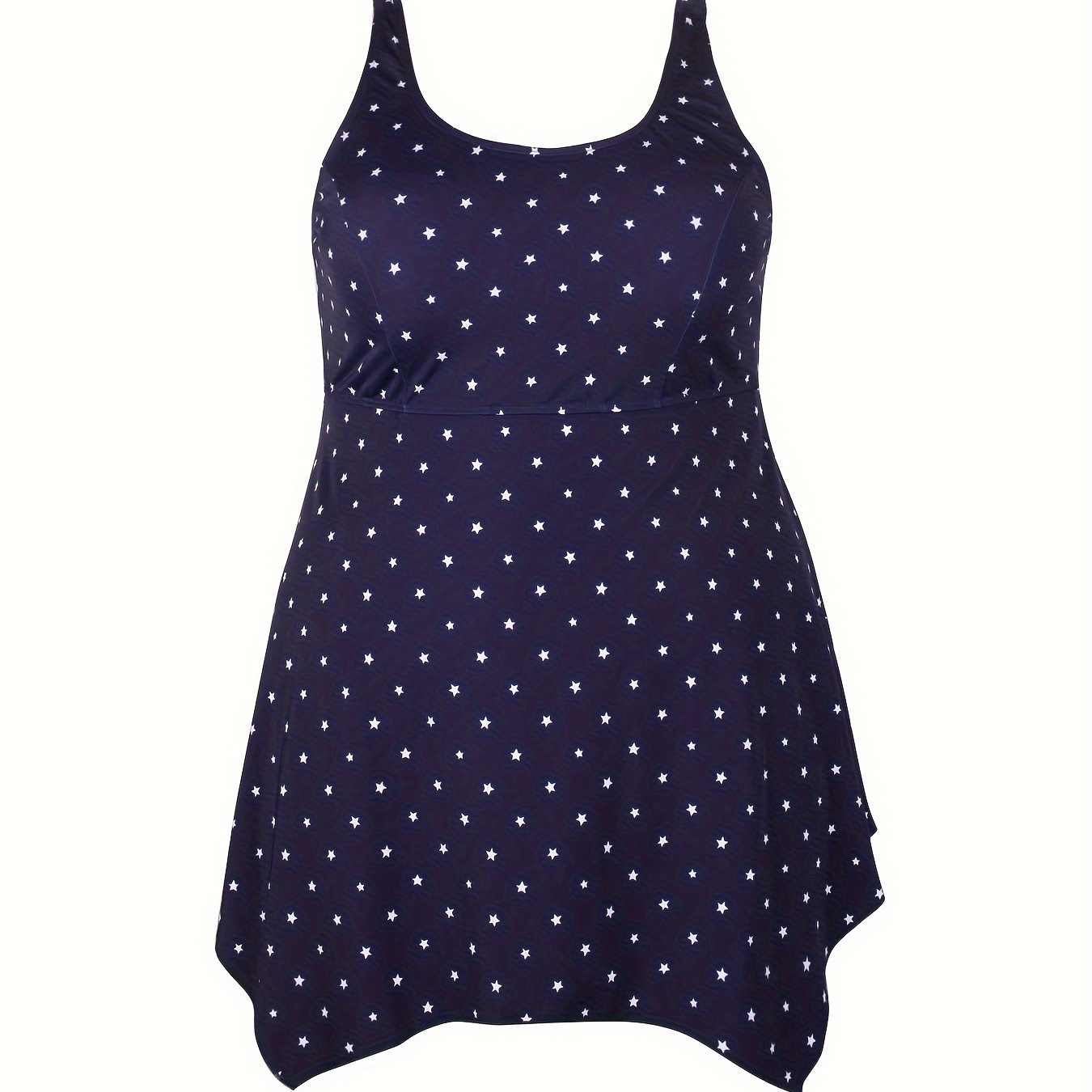 

Plus Size Retro Tankini Top, Women's Star Print Navy Blue Round Neck High Stretch Irregular Hem Carmi Top