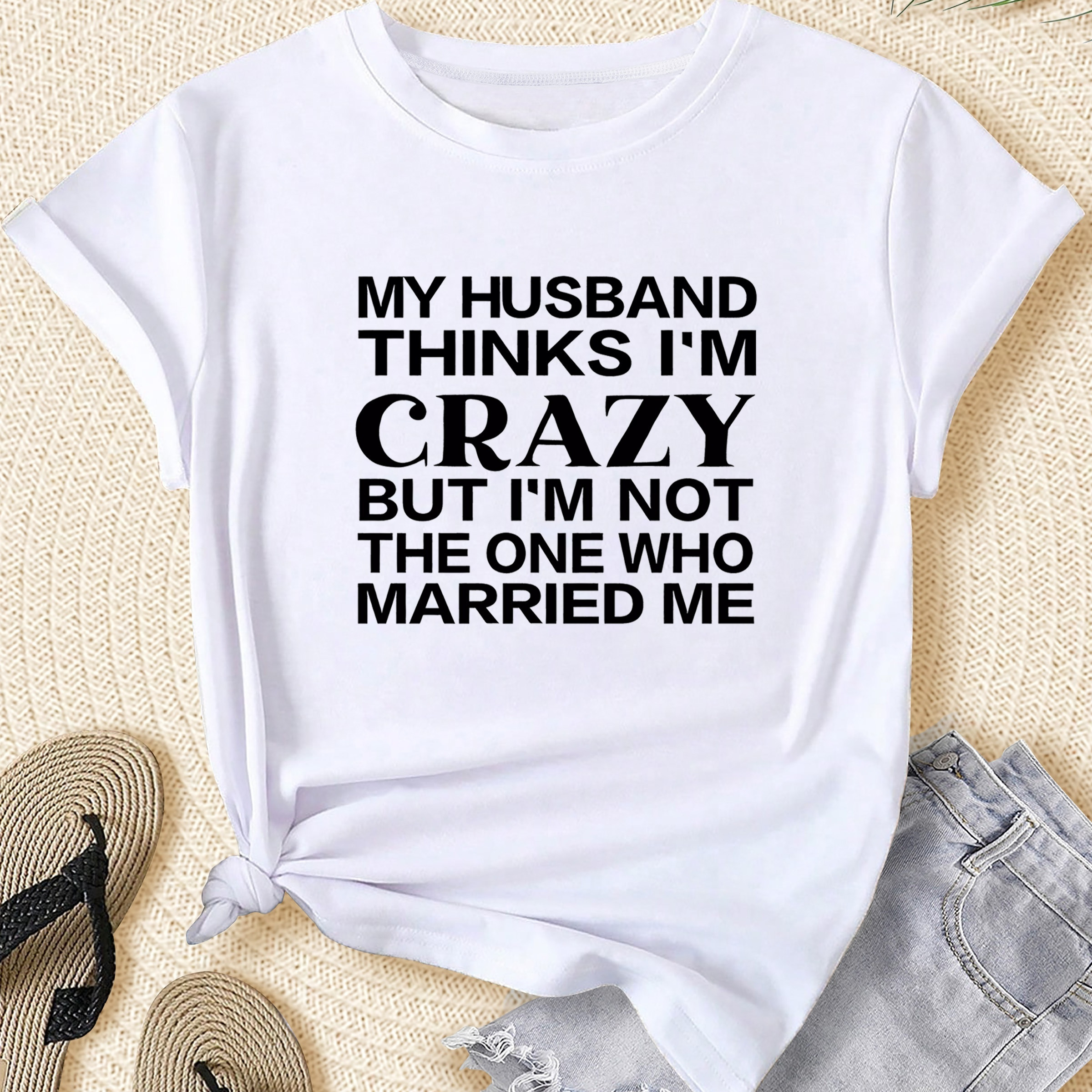 

Women's Plus Size Casual Sporty T-shirt, "my Husband I'm Crazy" Quote Print, Short Sleeve Tee, Fashion Breathable Casual Top