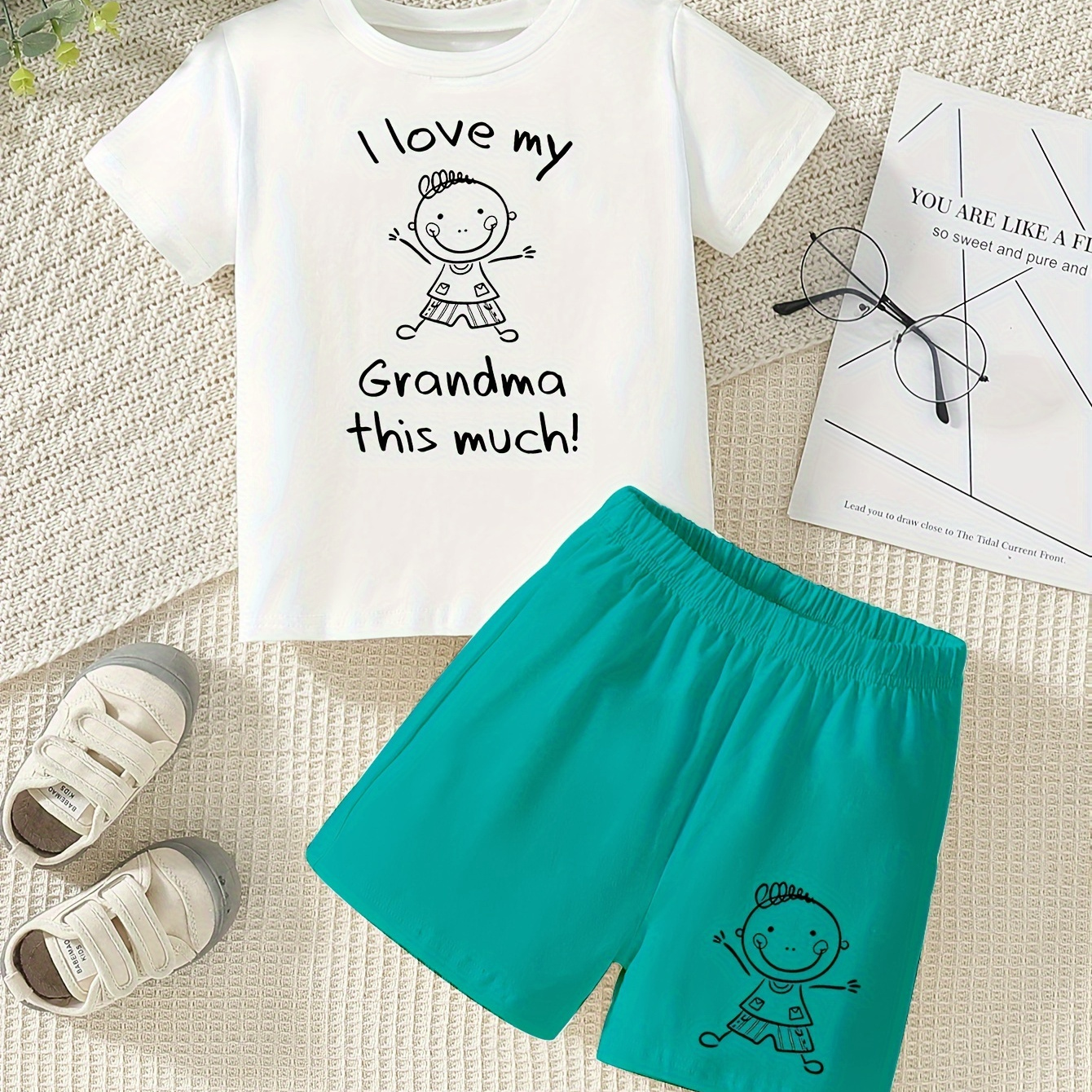 

2pcs Cute Love My Grandma Print Casual Short Sleeve T-shirt & Shorts Set For Boys & Baby Boys, Cool Comfortable Trendy Versatile Toddlers Boys Summer Outfits Clothes