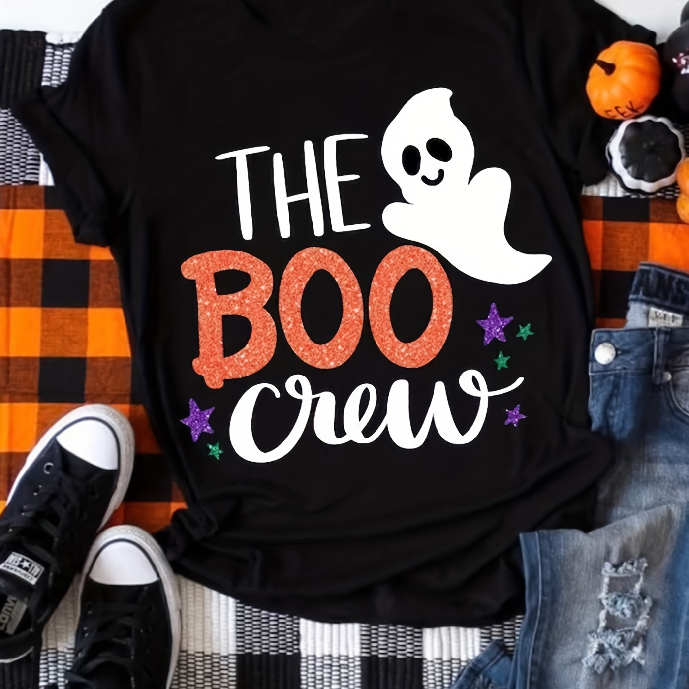 

Halloween Ghost Print Crew Neck T-shirt, Casual Short Sleeve Summer Top, Women's Clothing
