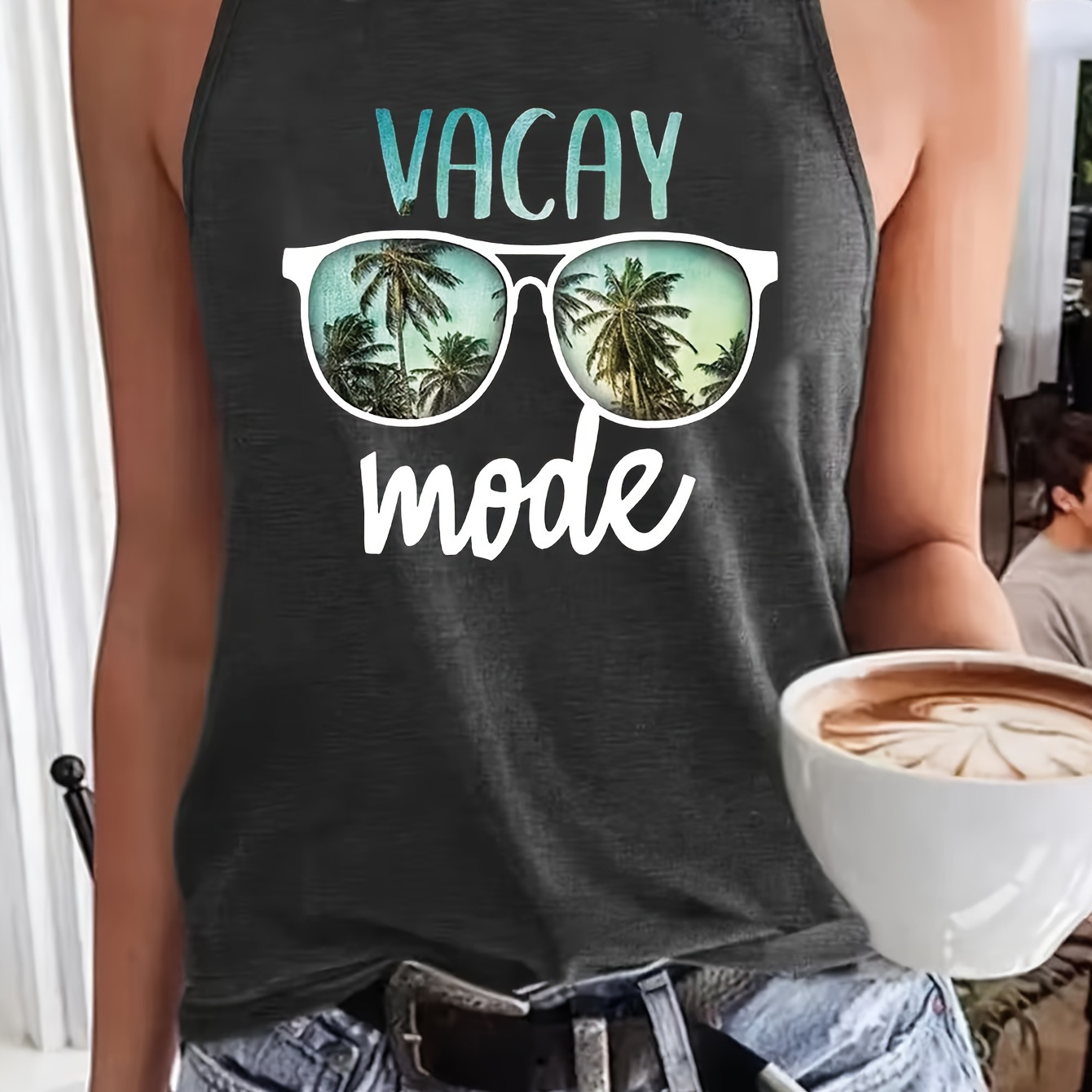 

Vacay Mode Print Crew Neck Tank Top, Casual Sleeveless Top For Summer & Spring, Women's Clothing