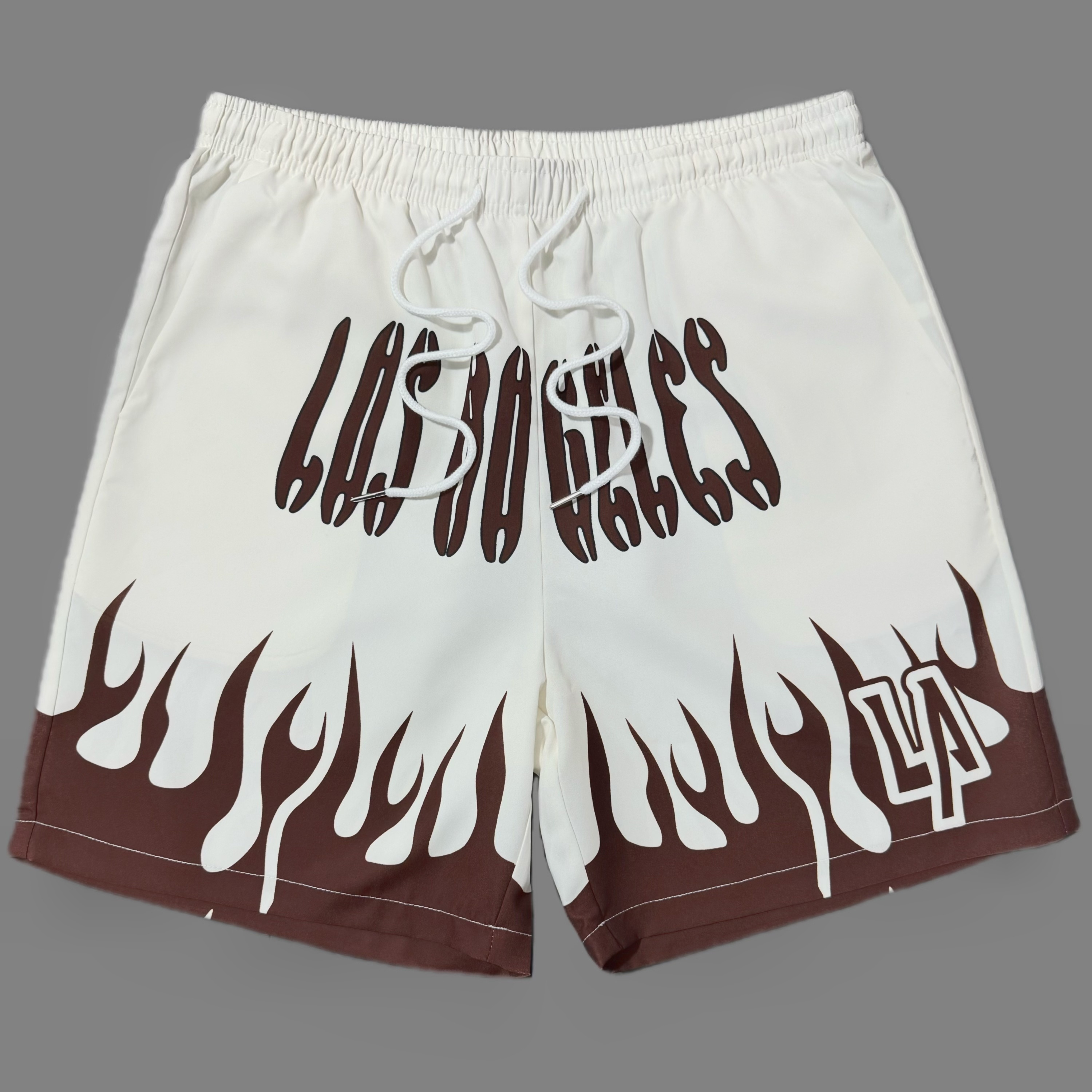 

1pc, Men's Fire Graphic Pattern And Letter Print "los Angeles" Shorts With Drawstring And Pockets, Casual And Trendy Shorts For Summer Street And Sports Wear