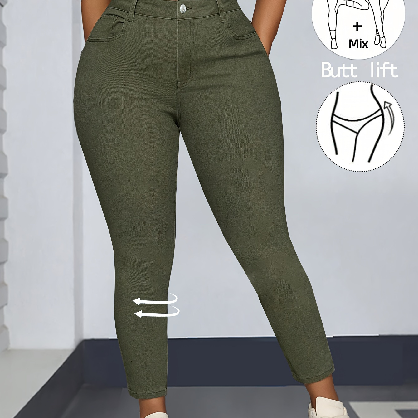 

Plus Size Elegant Skinny Jeans, High Stretch Solid Color Fabric, Woven Pants With Button Detail