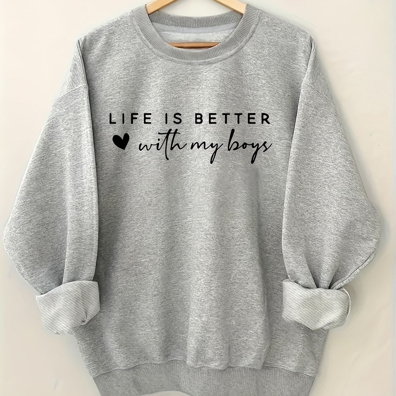 

Plus Size Life Is Better Print Crew Neck Pullover Sweatshirt, Casual Long Sleeve Sweatshirt For Fall & Winter, Women's Plus Size Clothing