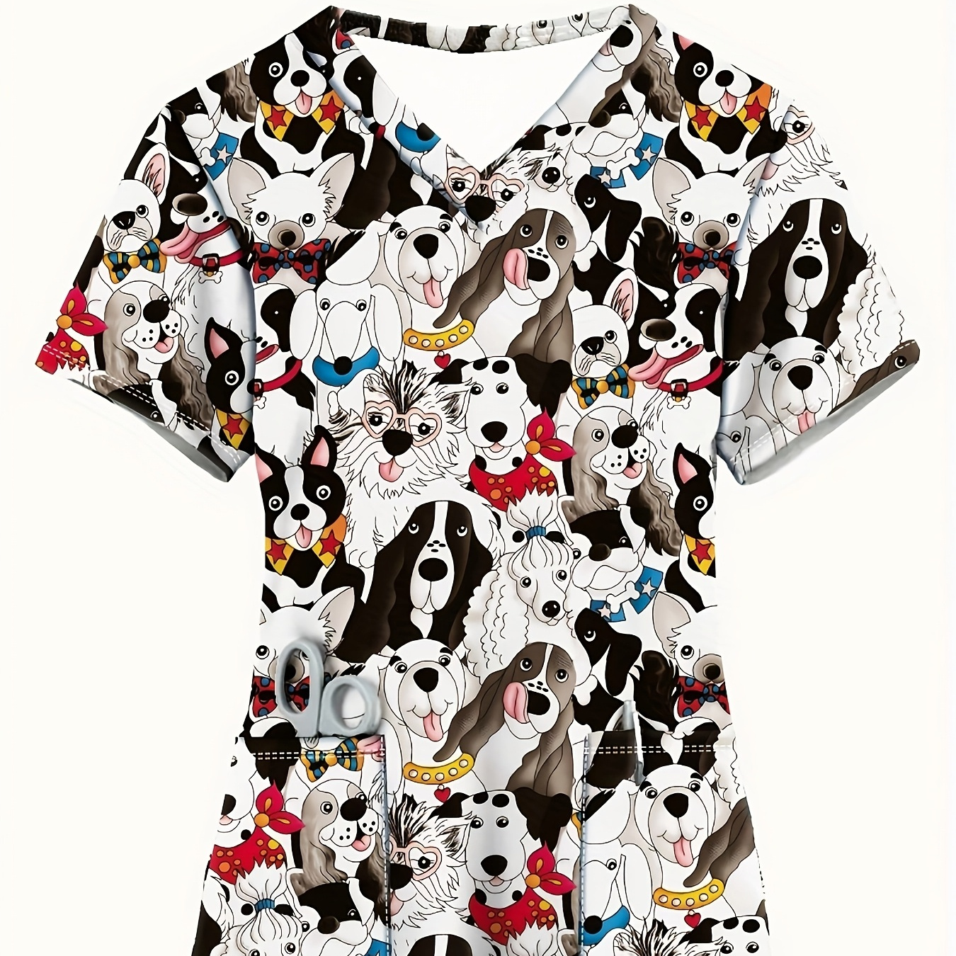 

Pocketed , Women's Cute Cartoon Dog V-neck Scrub Top With Pockets - Comfortable & Stylish Medical Nurse Uniform, Short Sleeve, Polyester