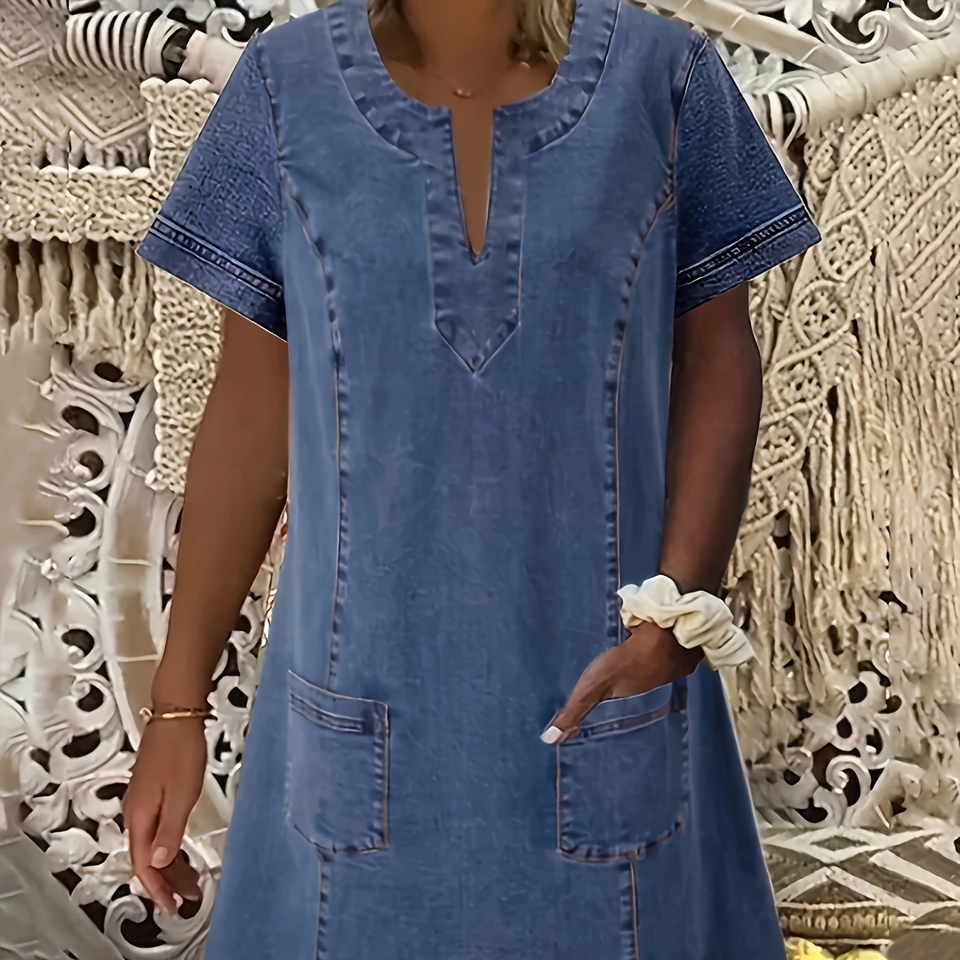 

Women's Casual V-neck Denim Dress With Pockets, Short Sleeve, , Stretch, Solid Color, Woven Fabric, For