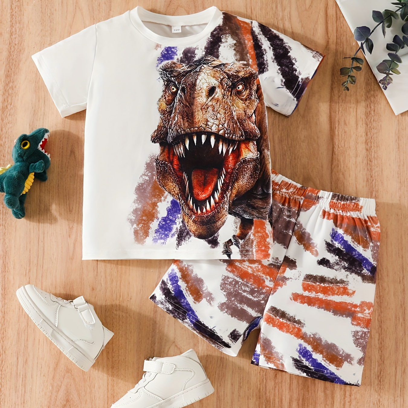 

Boys Round Neck Short Sleeve T-shirt & Elastic Waist Shorts 2pcs Simulated Dinosaur Print Casual Kids Clothes Summer