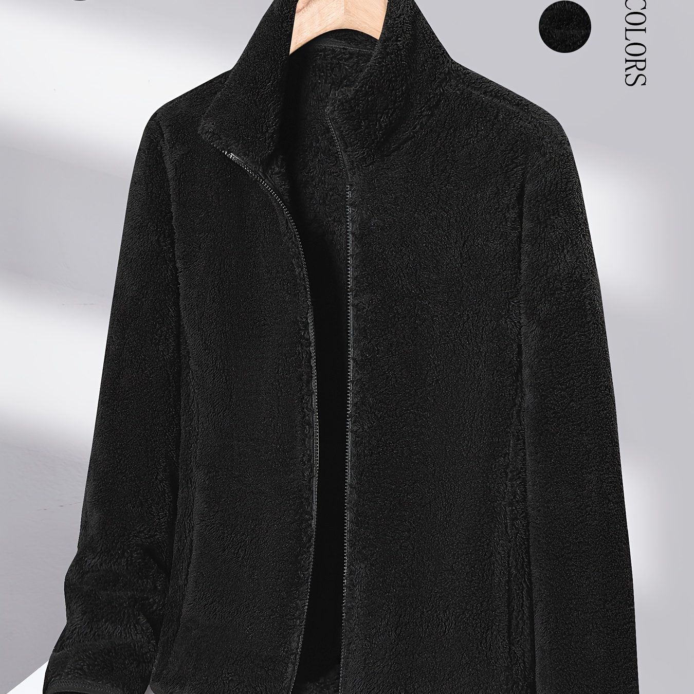 

Men's Casual Fleece-lined Jacket - Solid Color, Zip-up, Stand Collar, Long Sleeve Outerwear For Fall & Winter