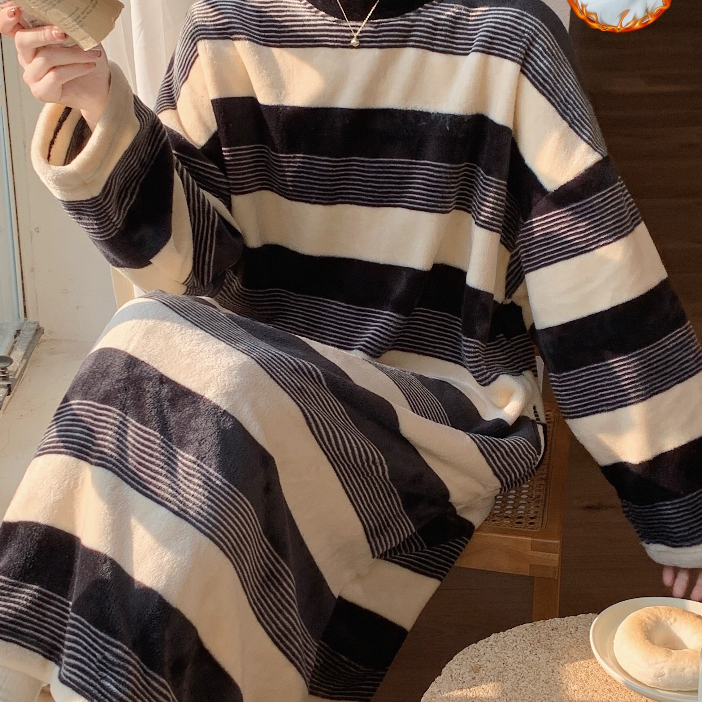 

Women's Stripe Print Casual Fleece Sleepwear Dress, Warm Thickened Long Sleeve Round Neck Midi Dress, Comfortable Nightgown For Fall & Winter