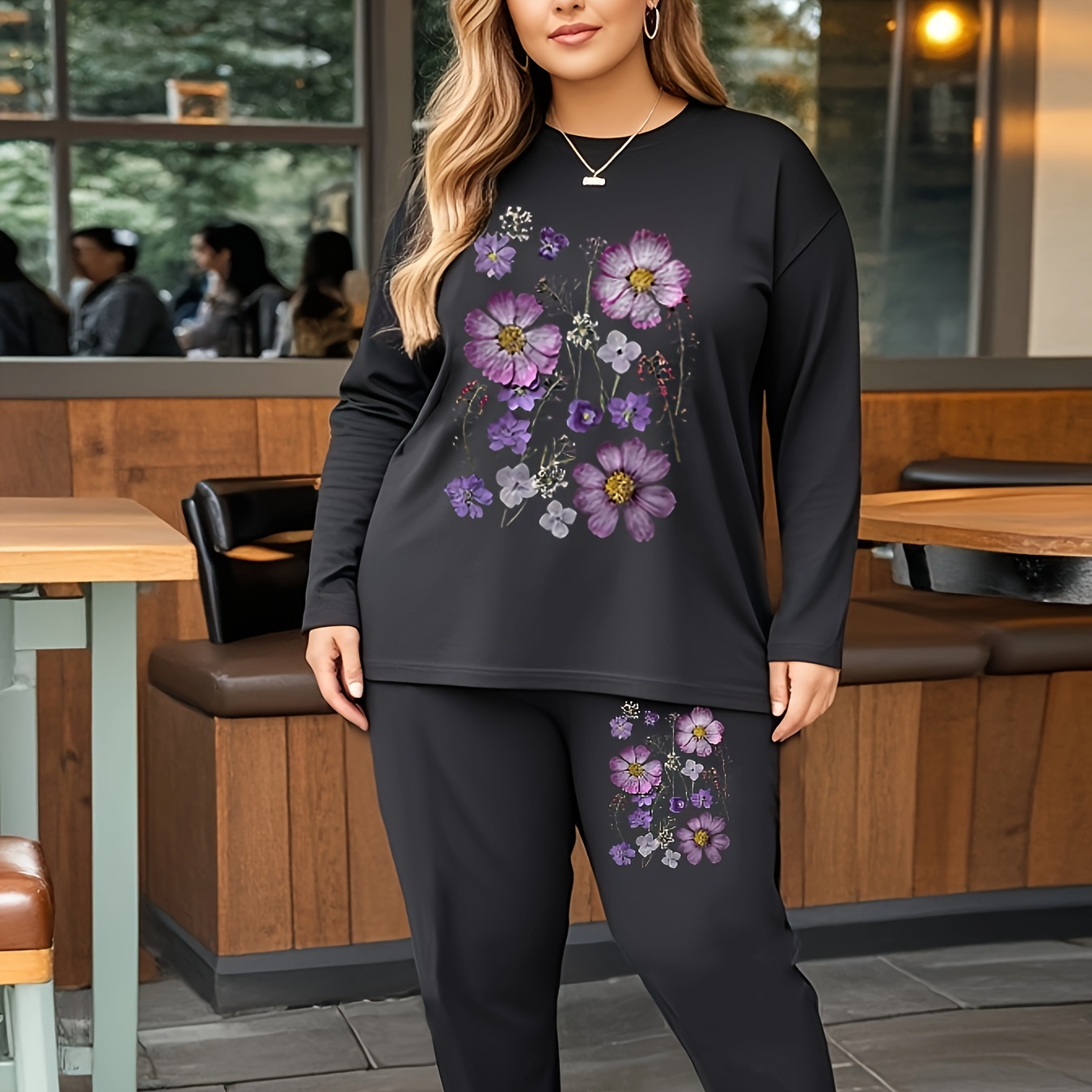 

Plus Size Women' Floral Print Long Sleeve Top And Pants Set, Casual Round Neck Polyester Knit Outfit, Plant Pattern, Long Sleeves, Pullover Style, Relaxed Fit, Cozy Knit Fabric