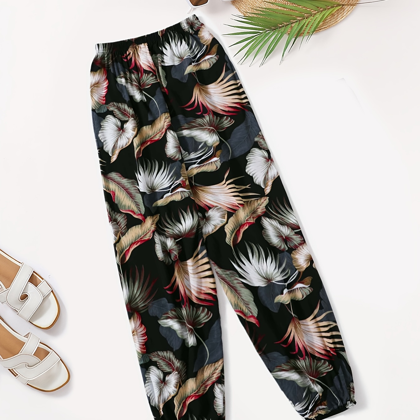 

Tropical Print Joggers, Elastic Waist Loose Pajamas Pants For Summer & Spring, Women's Clothing