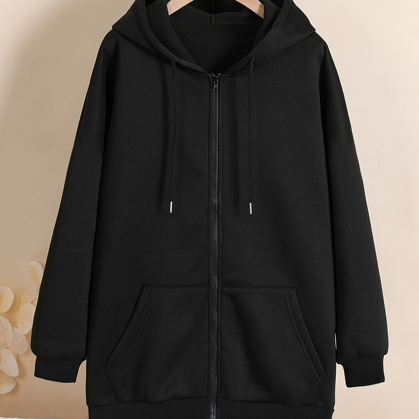 

Plus Size Casual Hooded Zip-up Sweatshirt, 95% Polyester 5% Spandex Knit Fabric, Solid Color, Stretch, For Women, Fall/winter Collection