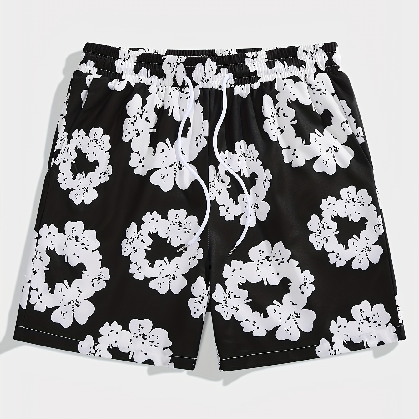 

Men's Trendy Hawaiian Graphic Shorts With Drawstring And Fancy Floral Print For Summer Beach, Pool And Resort