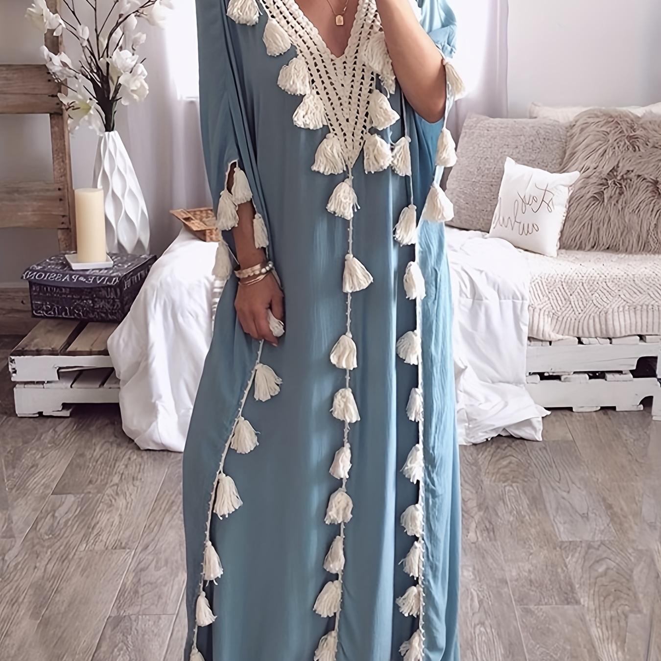 

Ramadan Tassel Decor V-neck Kaftan Dress, Elegant Loose Long Sleeve Maxi Length Dress, Women's Clothing