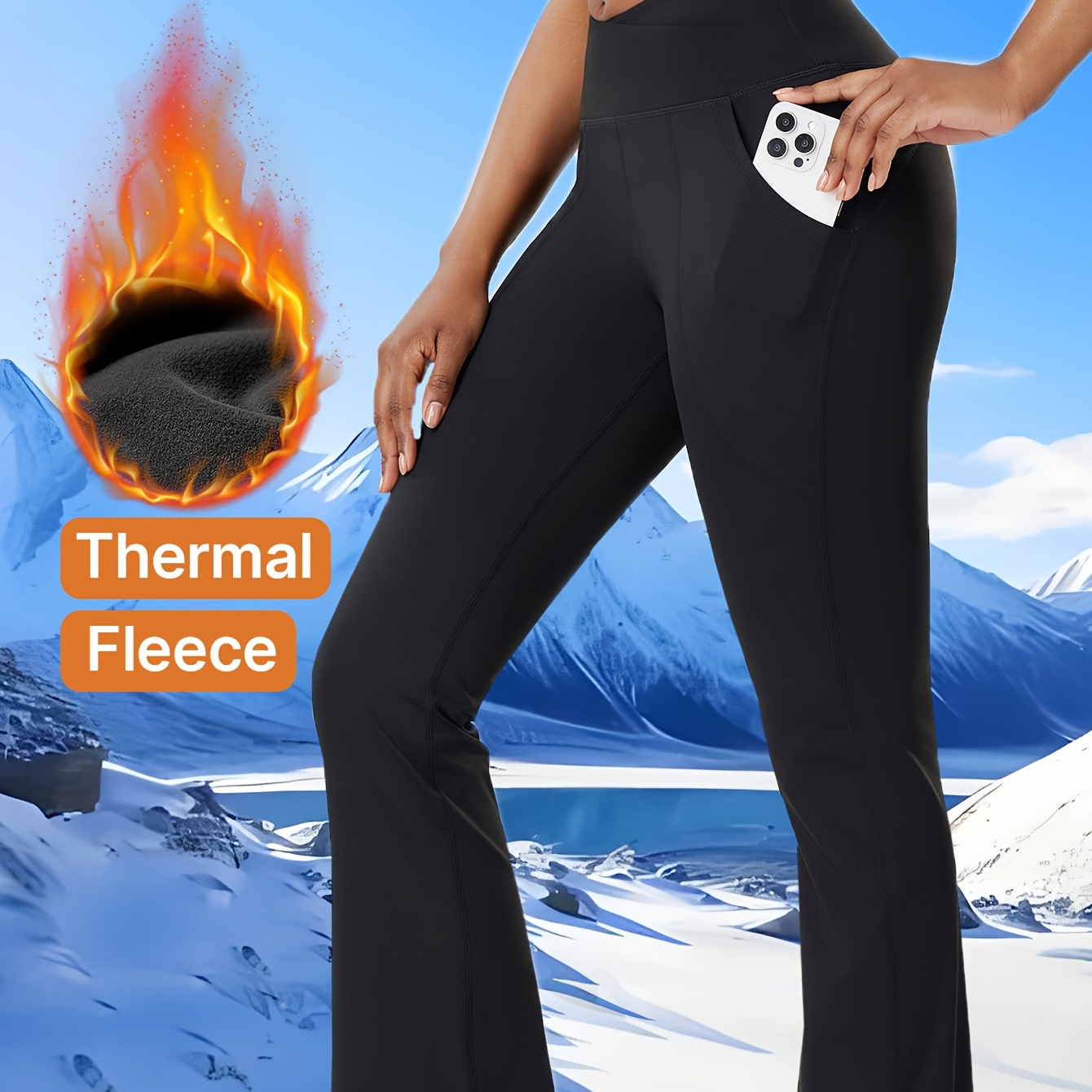 

Women's High Waist Thermal Fleece-lined Flare Leggings, Polyester & Spandex , Solid Color, Long Length, High Stretch, Knit Fabric, For Fall/winter - Sports Style Yoga Pants For Adults