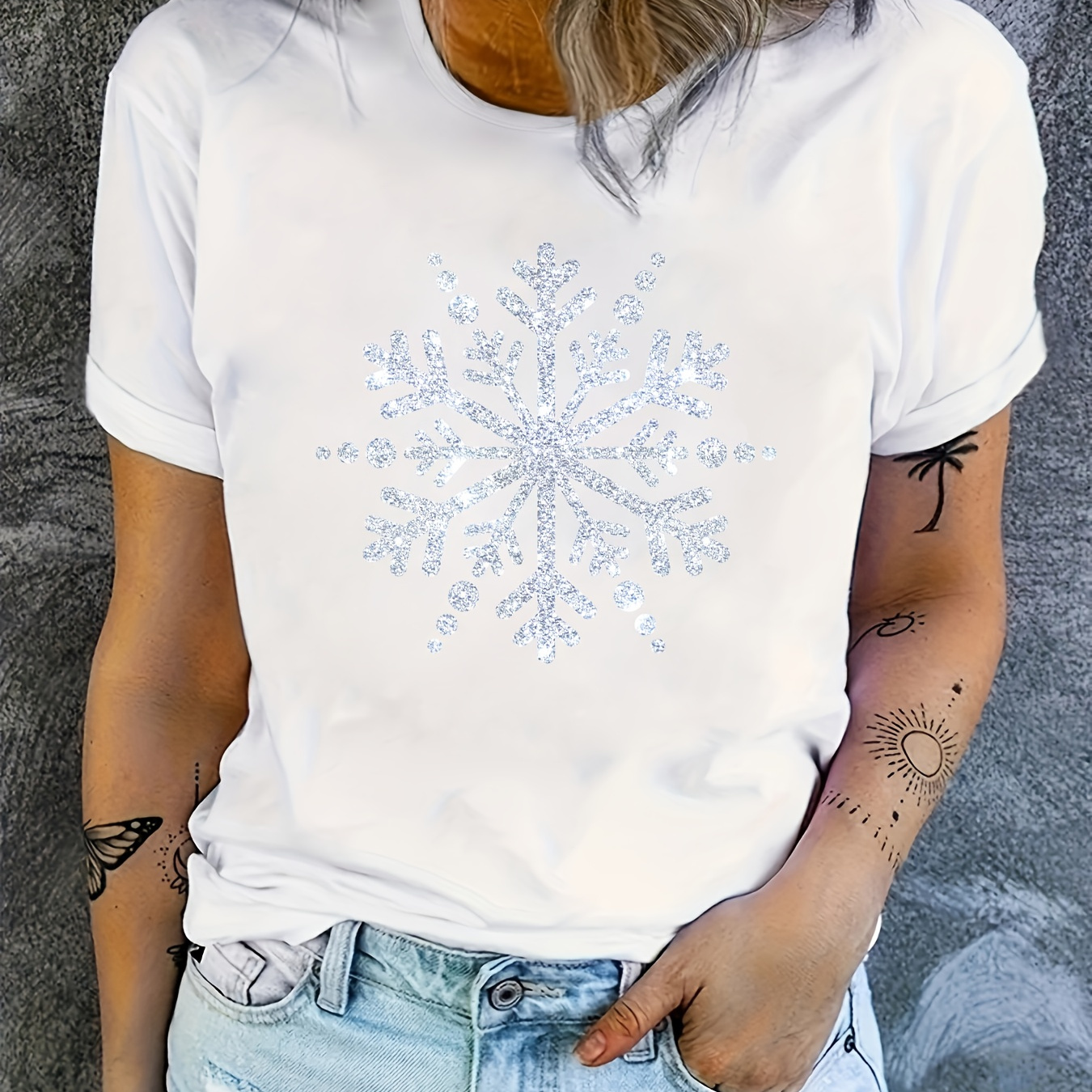 

Women's Festive Christmas Snowflake T-shirt, Casual Round Neck, Regular Length, Polyester Knit, Summer Fashion Top, White