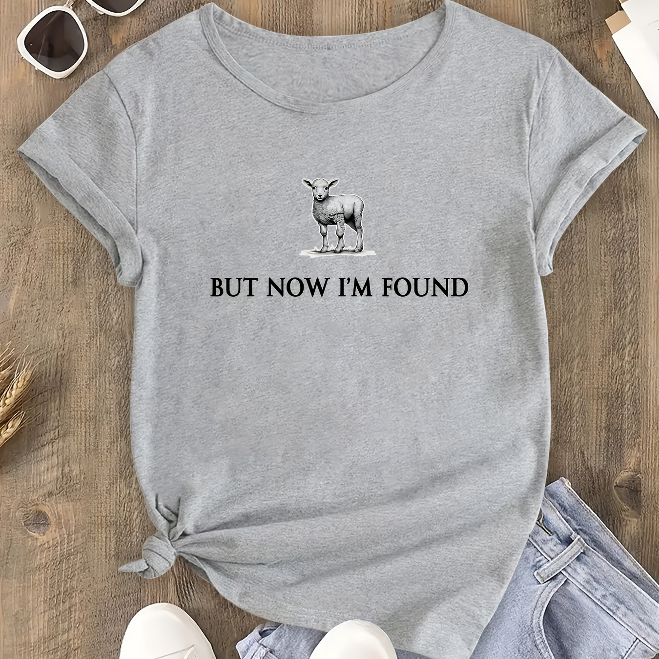 

Women's Round Neck Short Sleeve T-shirt With Sheep Graphic And "but Now I'm Found" Slogan, Casual Summer Soft Tee Top, Plus Size