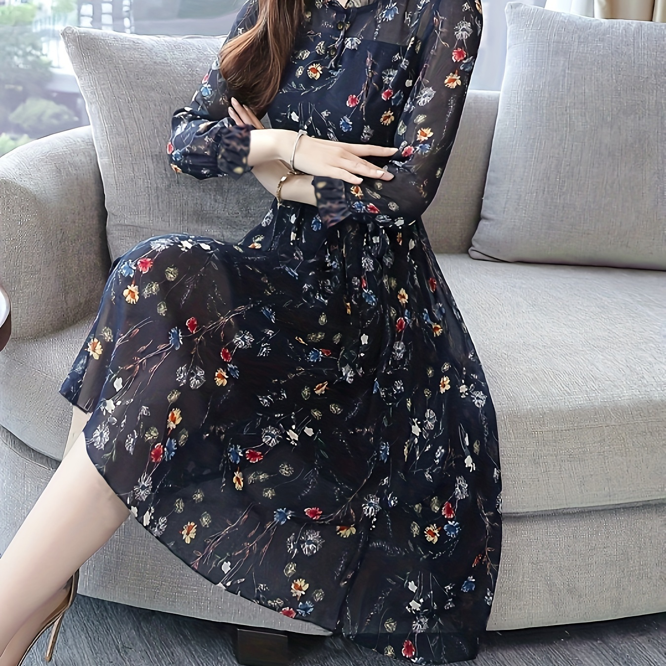 

Floral Print Belted Dress, Elegant 3/4 Sleeve Every Day Dress, Women's Clothing