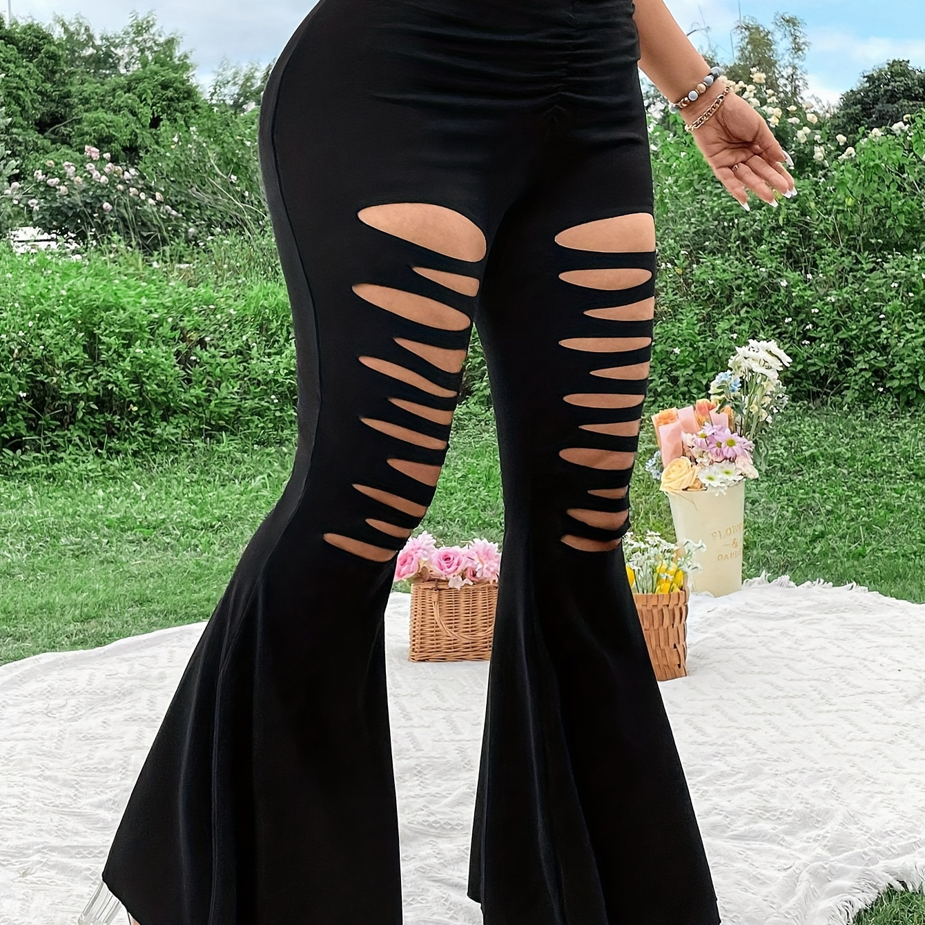 

Plus Size Solid Cut Out Flare Leg Pants, Elegant Gathered Front High Waist Pants For , Women's Plus Size Clothing