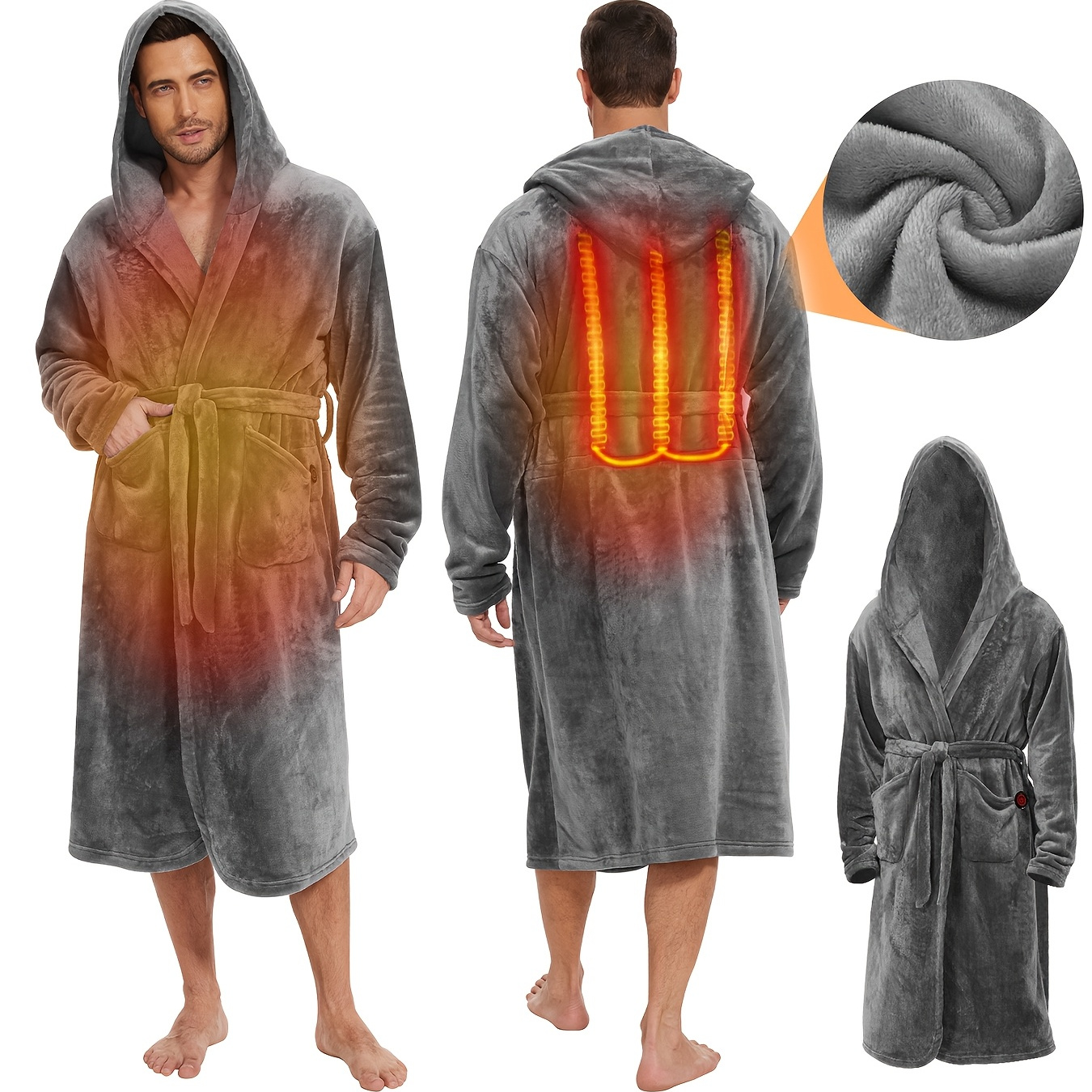 

[1pc Men's Hooded Bathrobe] 1pc Men's Bathrobe With Hood, Polyester Fleece Long Sleeve Robe Set, Loose Fit, Slight Stretch Fabric, Solid Color, With 3 Heating , Belted, For Winter, Casual Knit Fabric