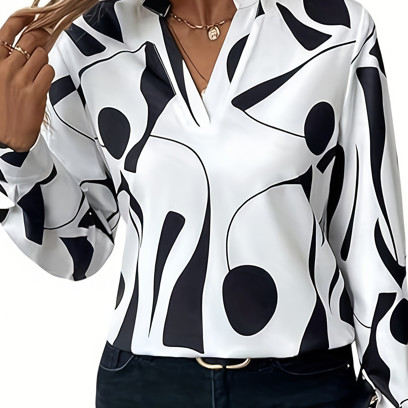 

Elegant Geometric Print Blouse For Women - Notched Collar, Long Sleeve, Polyester & Elastane , Machine Washable - Spring/fall