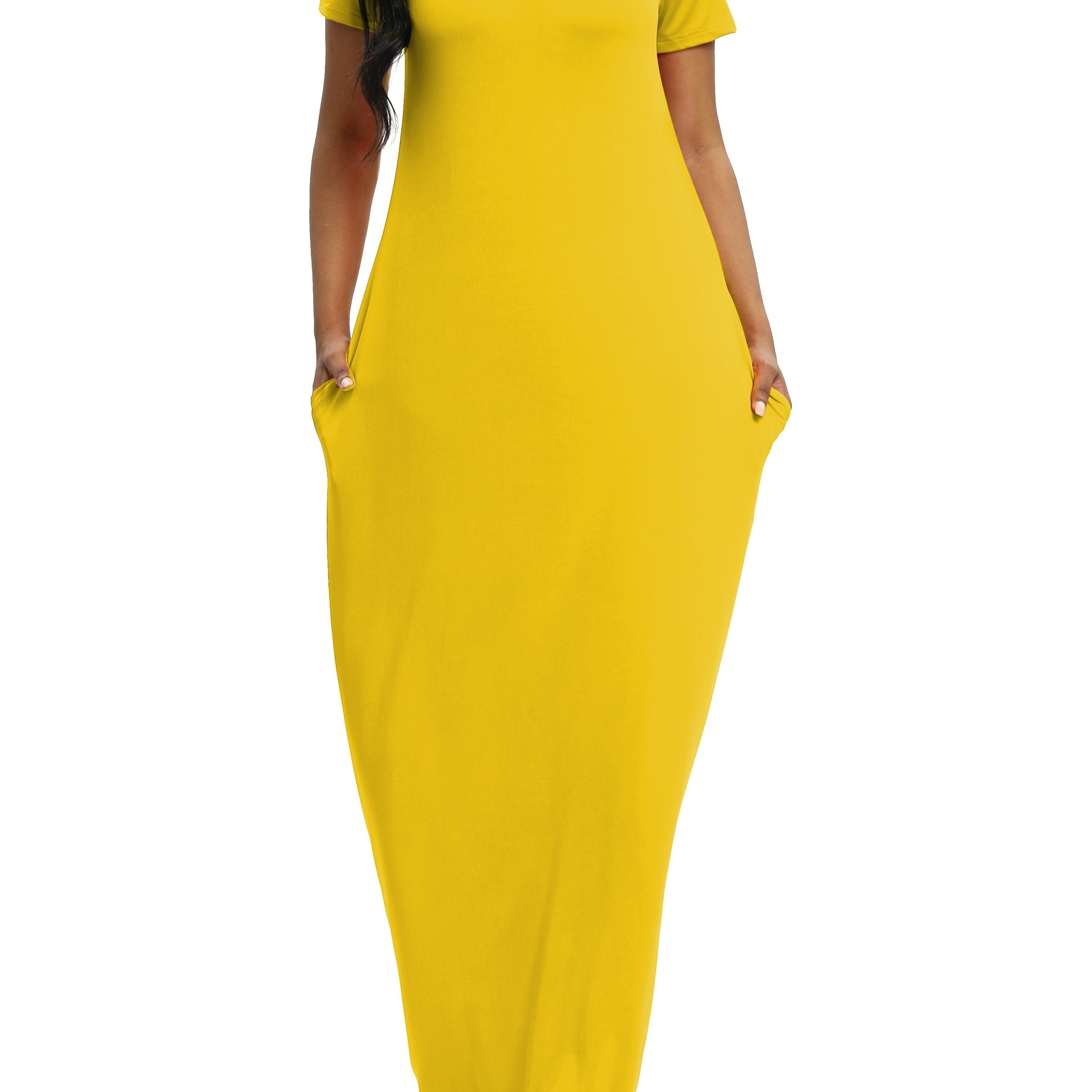 

Plus Size Solid Color Pocket Dress, Casual Long Length Short Sleeve Crew Neck Dress For Spring & Summer, Women's Plus Size Clothing