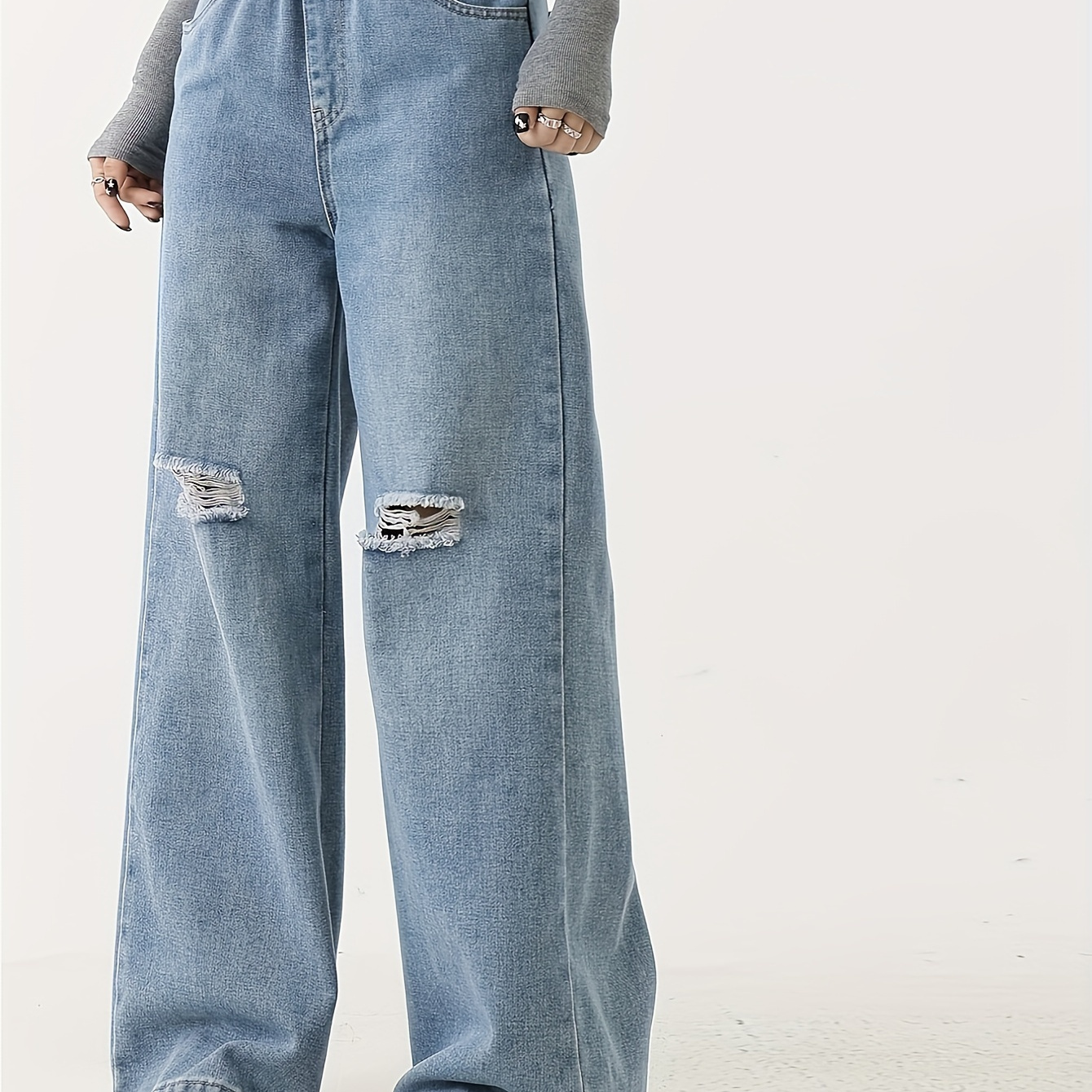 

Girls Fashion Casual Blue Cotton Ripped Wide Leg Jeans, Loose Fit Distressed Denim Pants, Washed Vintage Style, Fluid Pants