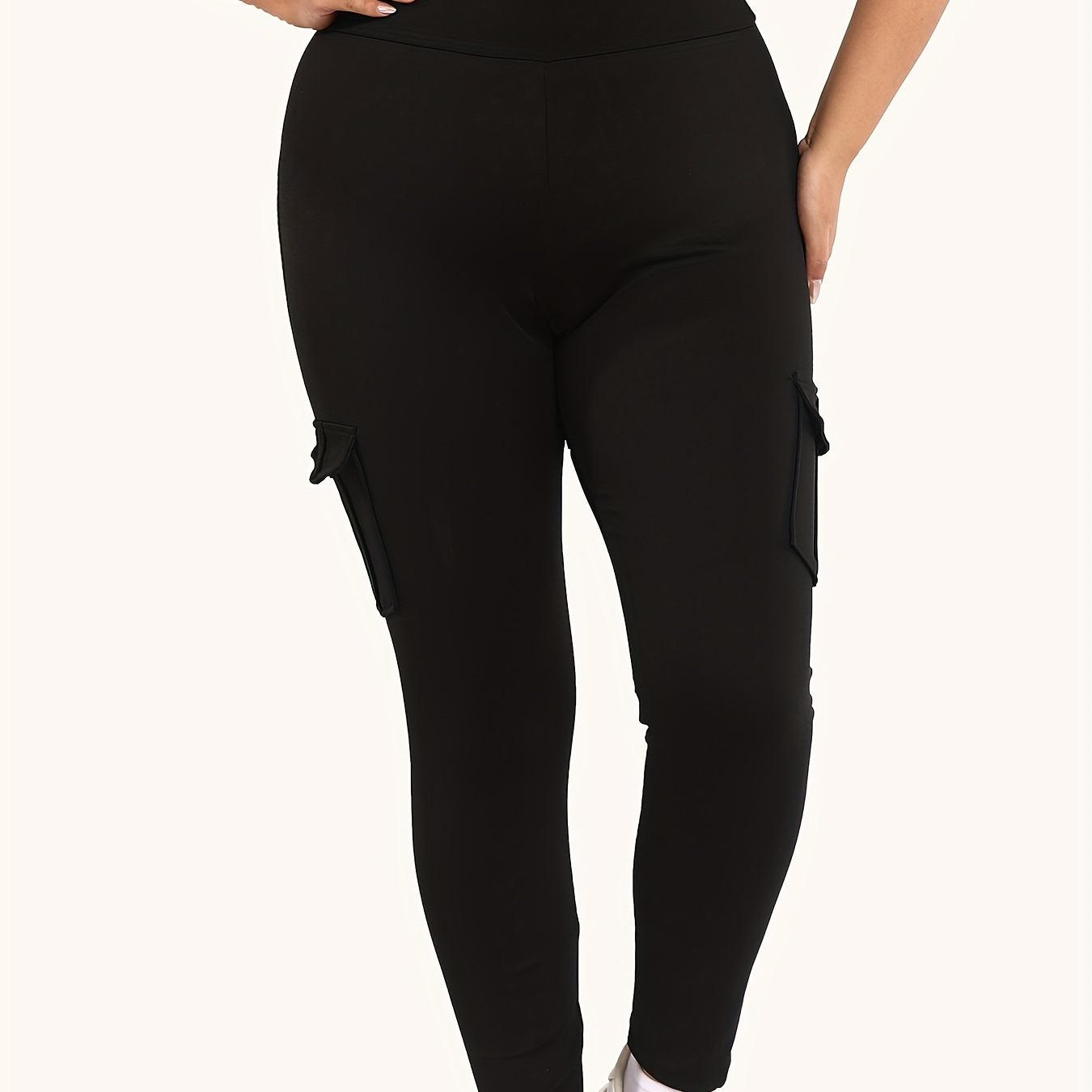 

Plus Size Sports Leggings, Women's Plus Solid High Rise Skinny Fitness Leggings With Flap Pockets Cargo Pants