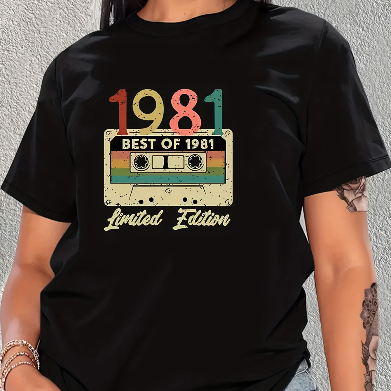 

Vintage Cassette Tape Graphic T-shirt For Women, "best Of 1981 Limited Edition" Print, Casual Loose Fit Crew Neck Tee, Retro Style Clothing