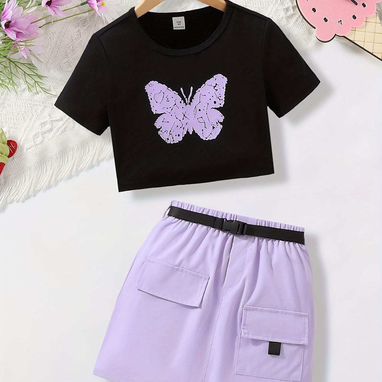 

Girls Casual & Comfy Outfit, 2pcs/set Butterfly Graphic Print Short Sleeve Tee & Skirt With Pockets For Spring & Summer