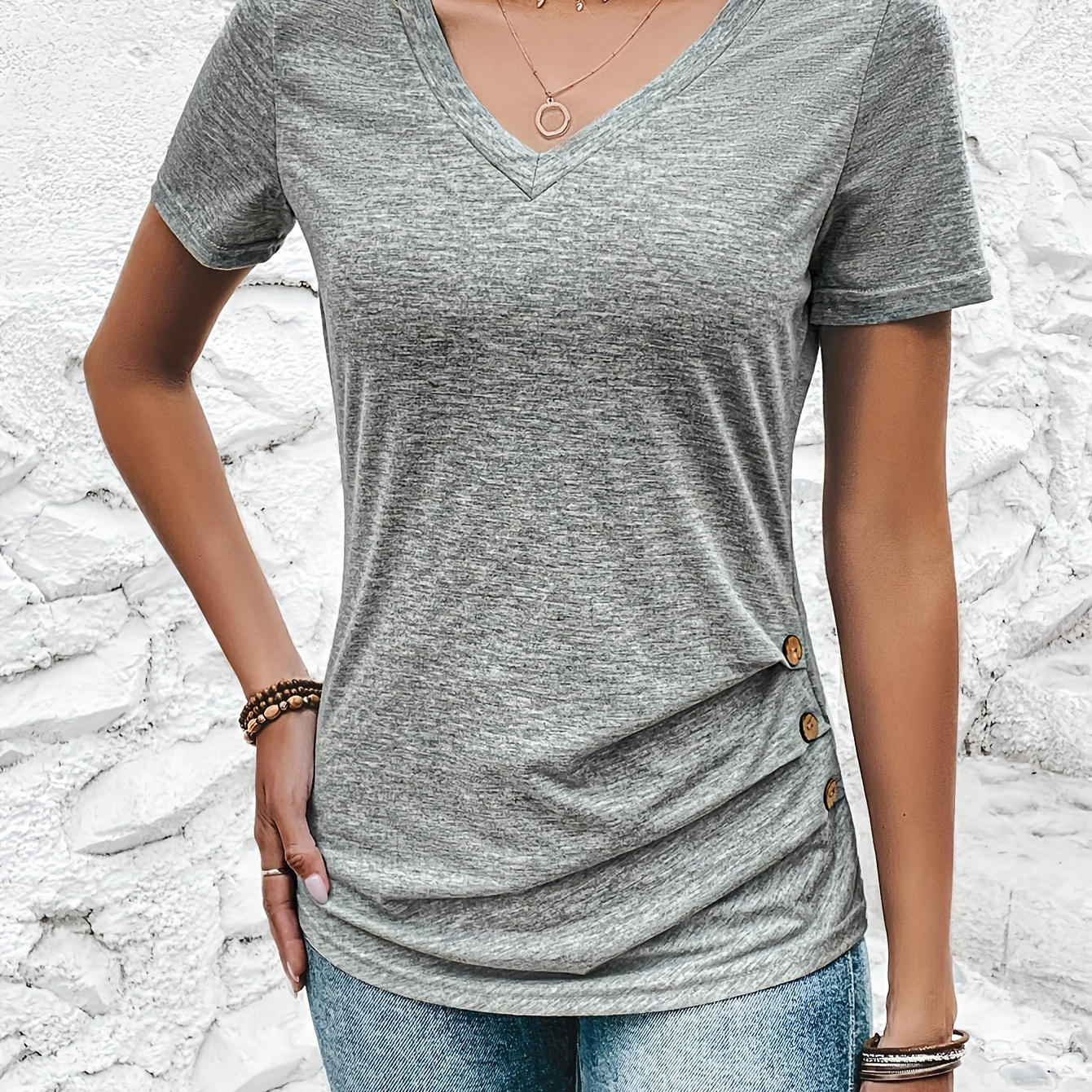 

Women's Casual V-neck T-shirt, Polyester Knit Fabric, Solid Color, Regular Length, With Decorative Buttons For Spring/summer/fall