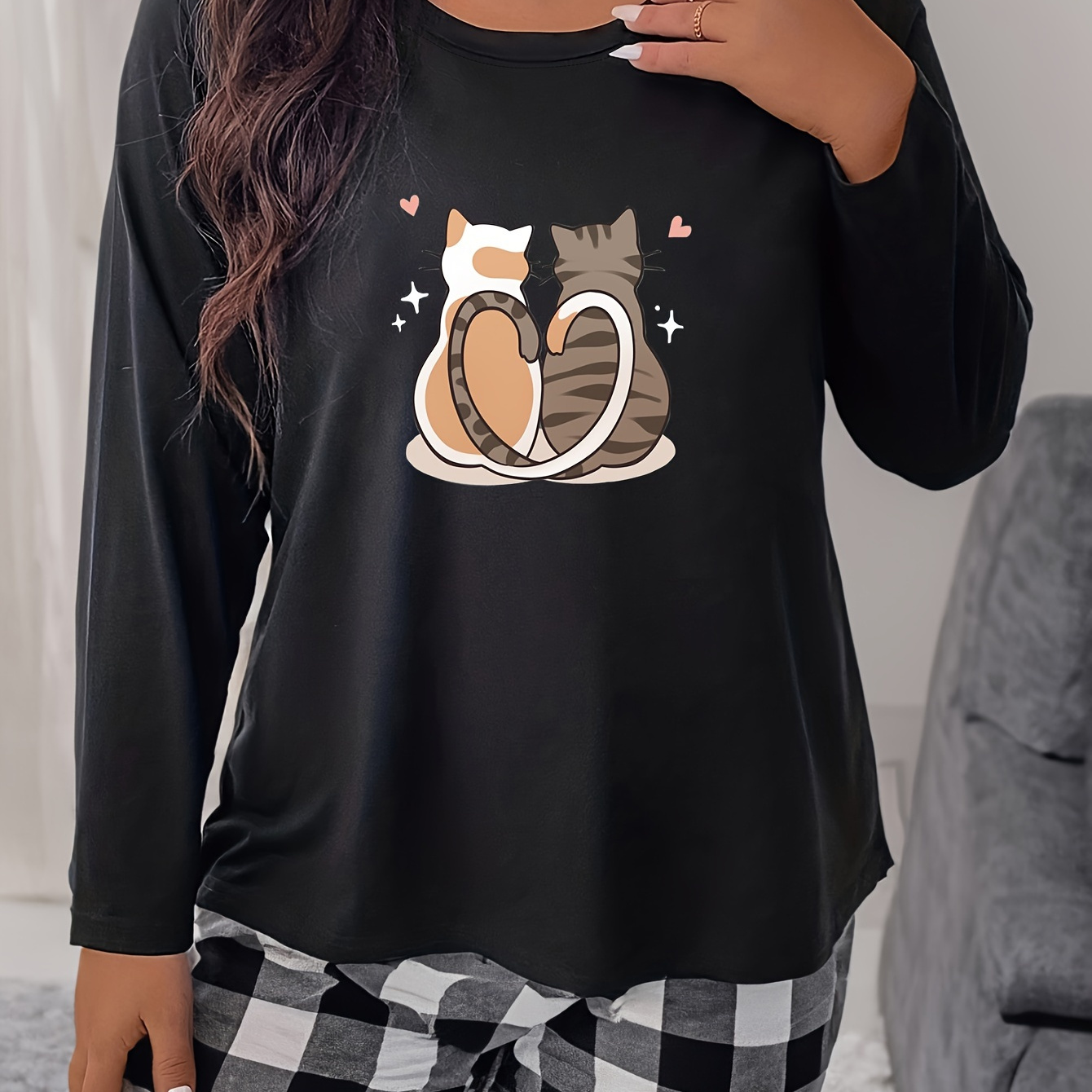 

Plus Size Casual Pajama Top, Women's Plus Cute Couple Cats Print Long Sleeve Round Neck Home Wear Tee