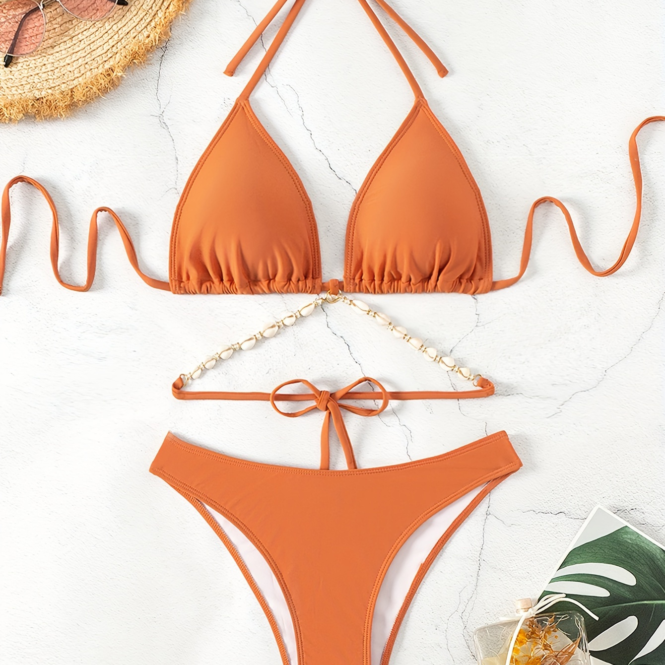 

Solid Color Shell ​piece Set Bikini, Tie Back Swimsuits, Women's Swimwear & Clothing