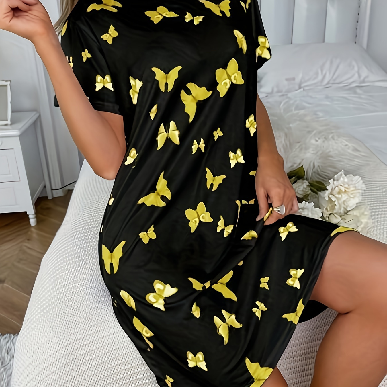 

Women's Short Sleeve Butterfly Print Dress Sleepwear, Cute Style, Casual Nightdress, Loungewear, Comfy Home Apparel