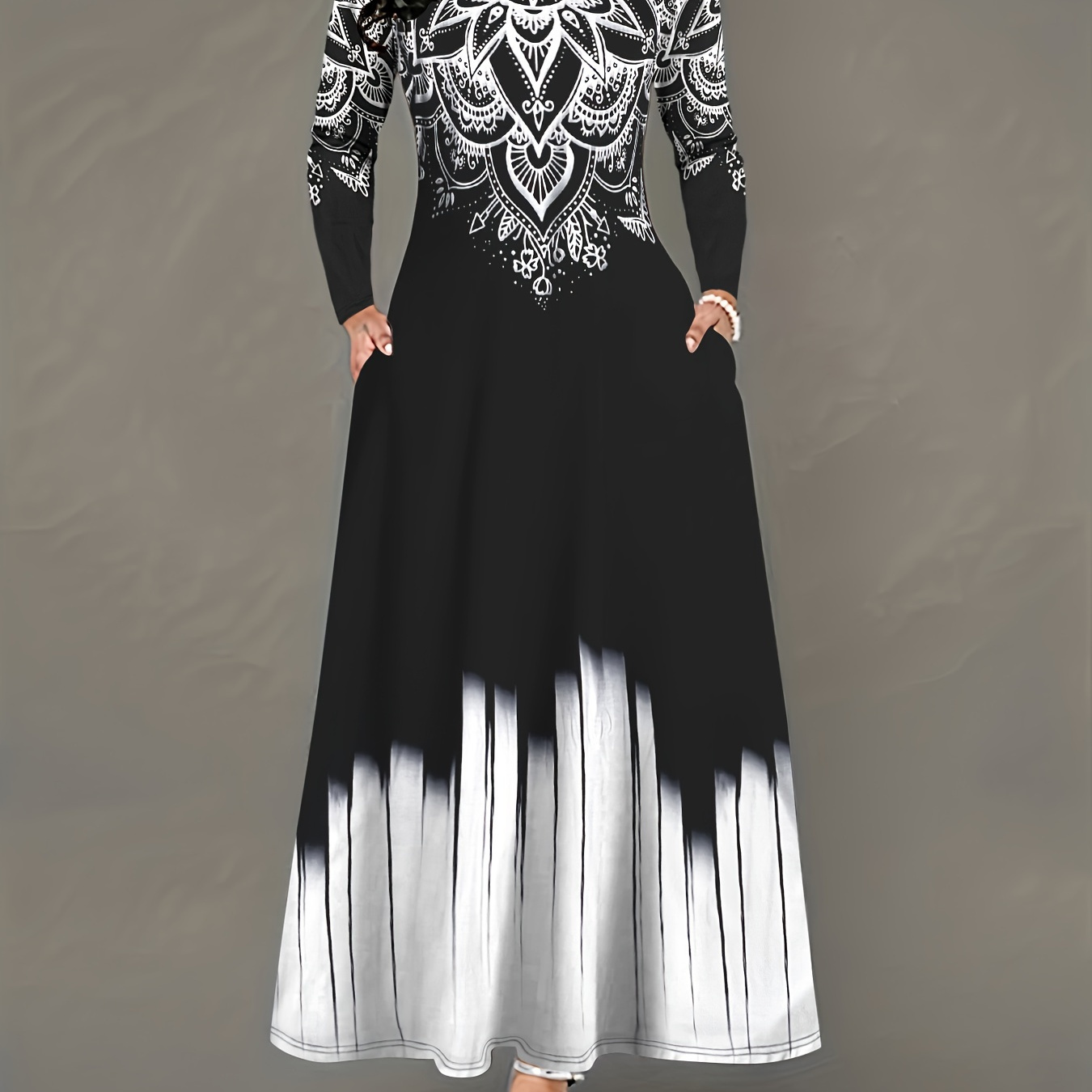 

Robe à manches longues à imprimé floral, robe décontractée à col rond et poches pour et , vêtements pour femmes