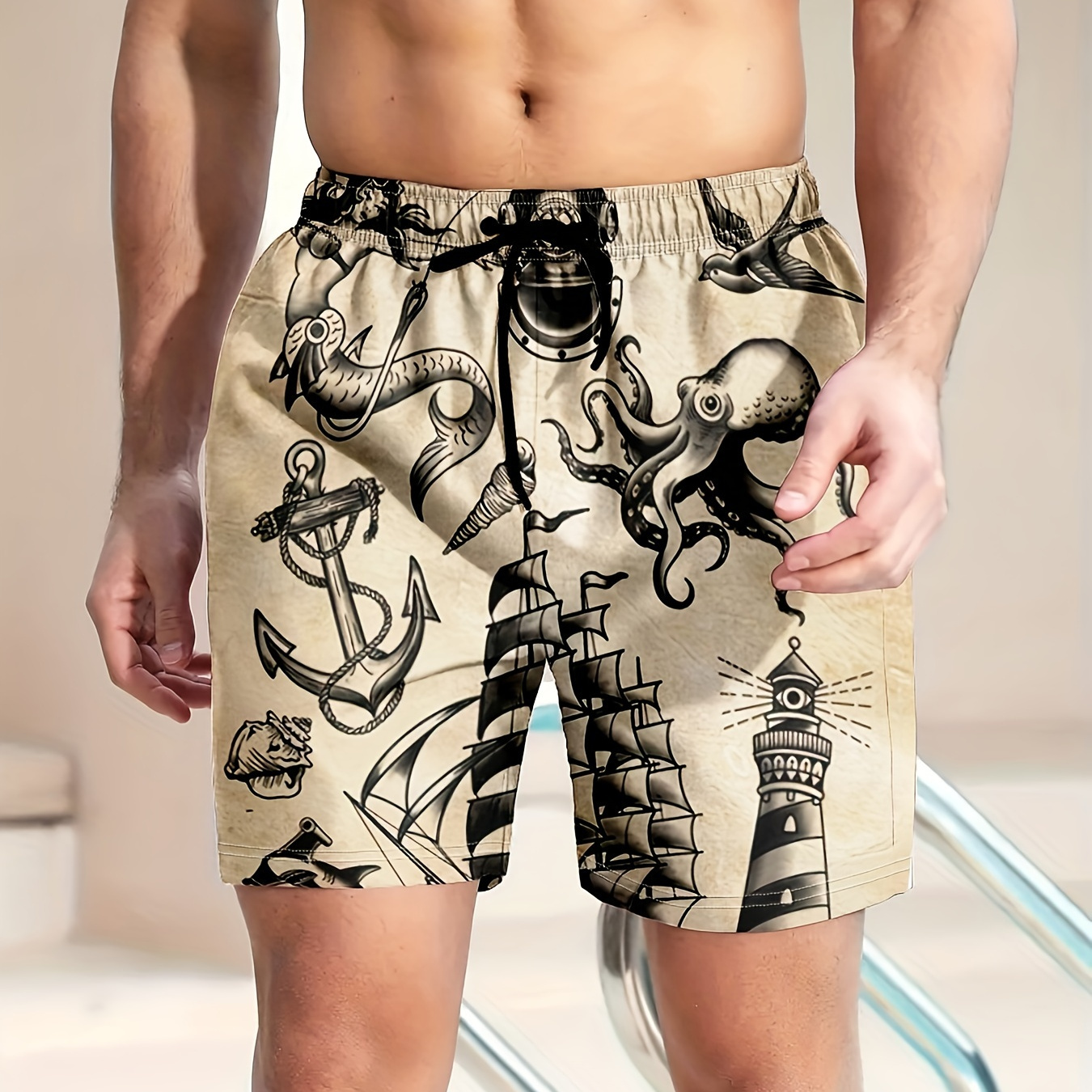 

Cartoon Graphic Print Men's Loose Beach Shorts Activewear, Drawstring Quick Dry Shorts, Lightweight Shorts For Summer Beach Holiday Surfing