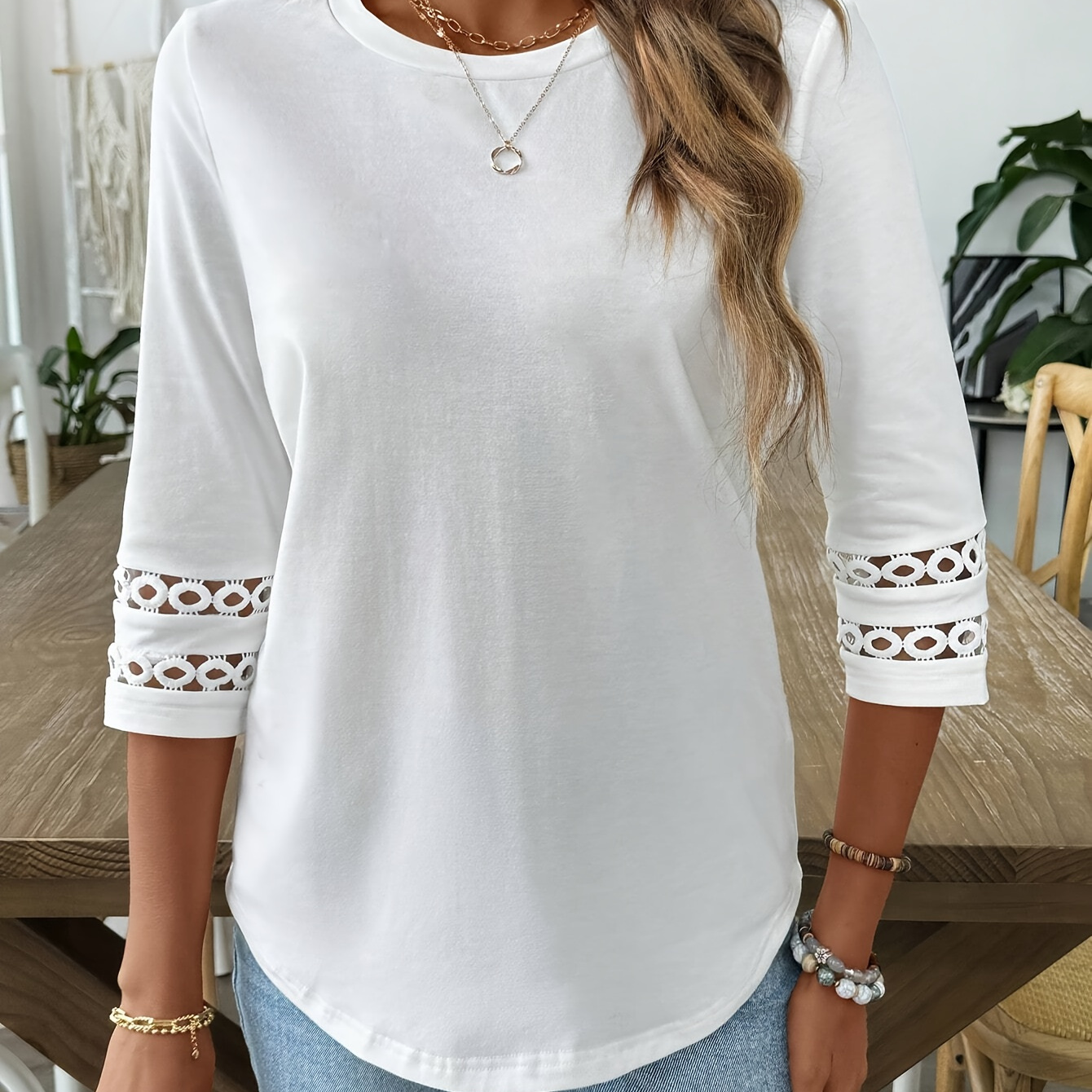 

Solid Patchwork Three-quarter Sleeve T-shirt, Elegant Crew Neck T-shirt For Spring & Fall, Women's Clothing