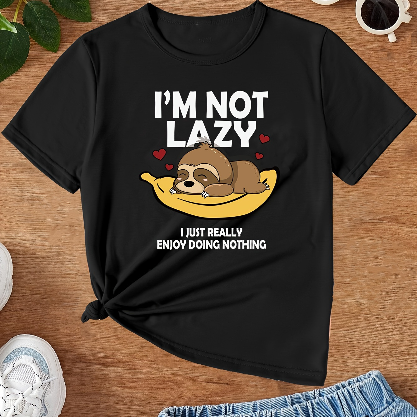 

Cartoon Sloth & I'm Not Lazy Graphic Crew Neck Short Sleeve T-shirt Pullover For Girls Summer Gift