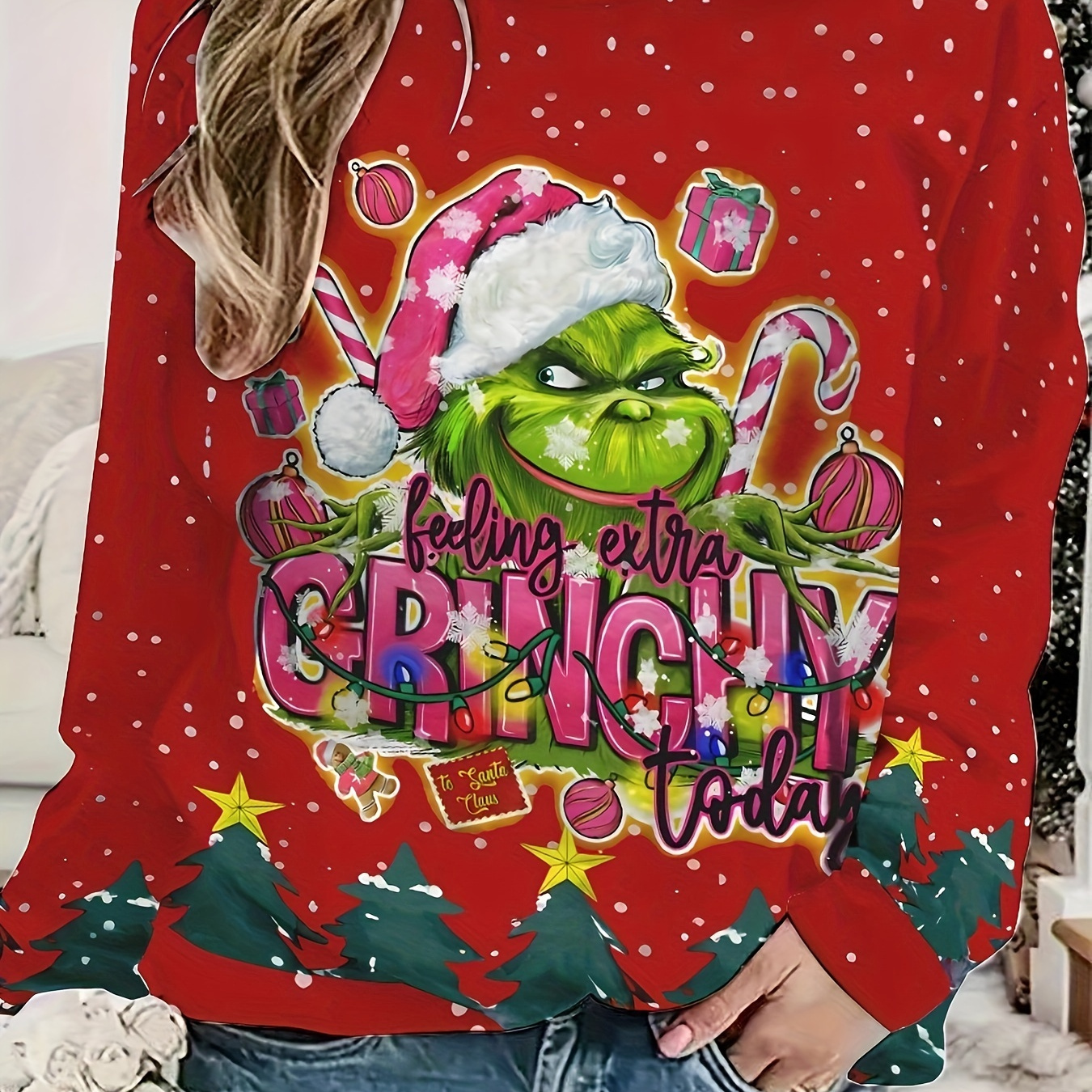 

Christmas Anime Long Sleeve Crewneck Sweatshirt For Women - Relaxed Fit, Polyester Material, Christmas Pattern, All , No , Knit Fabric