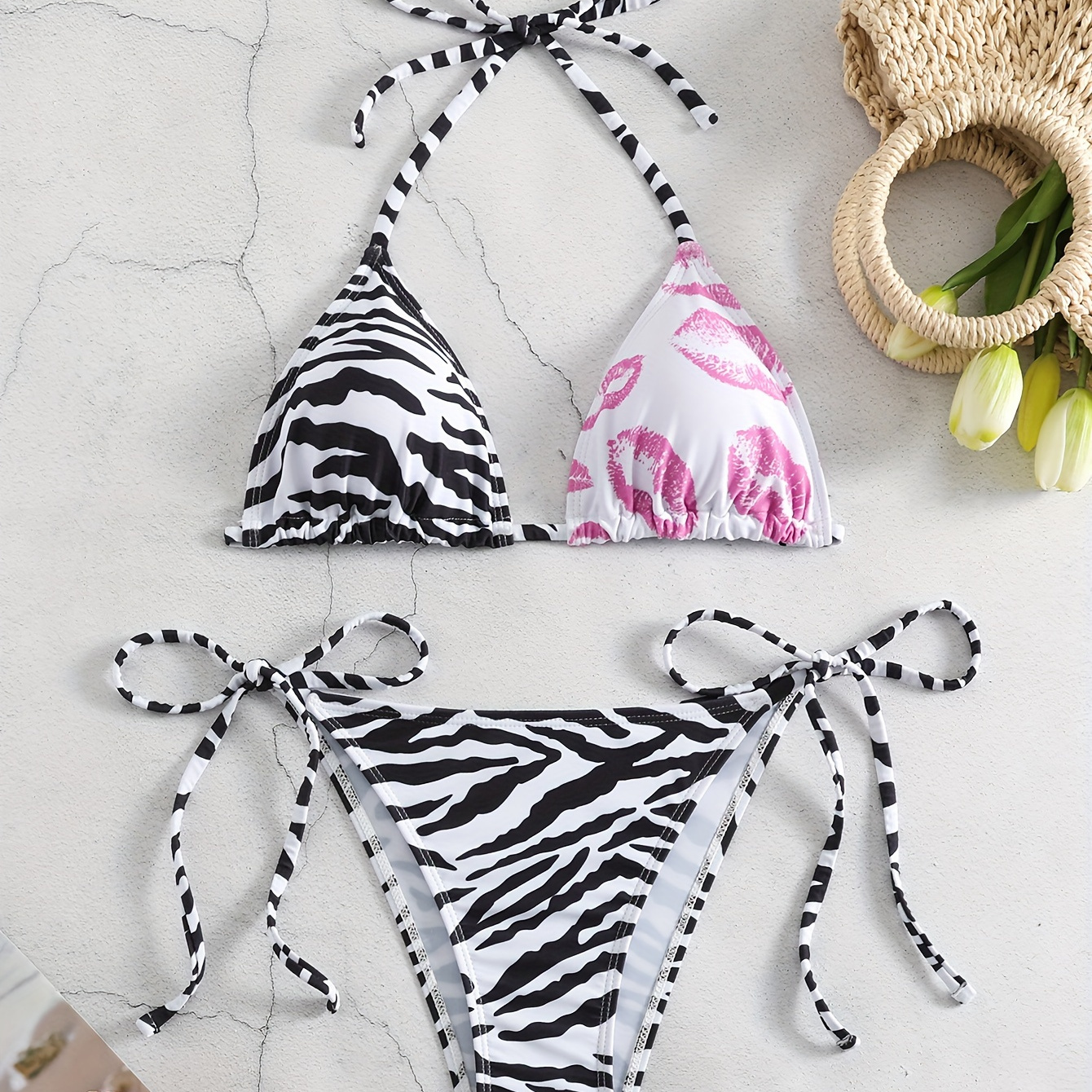 

Zebra Print 2-piece Bikini Set, High-waisted Bottom, Ruffle-trim Halter Top, Adjustable Ties, Women's Beachwear Swimwear