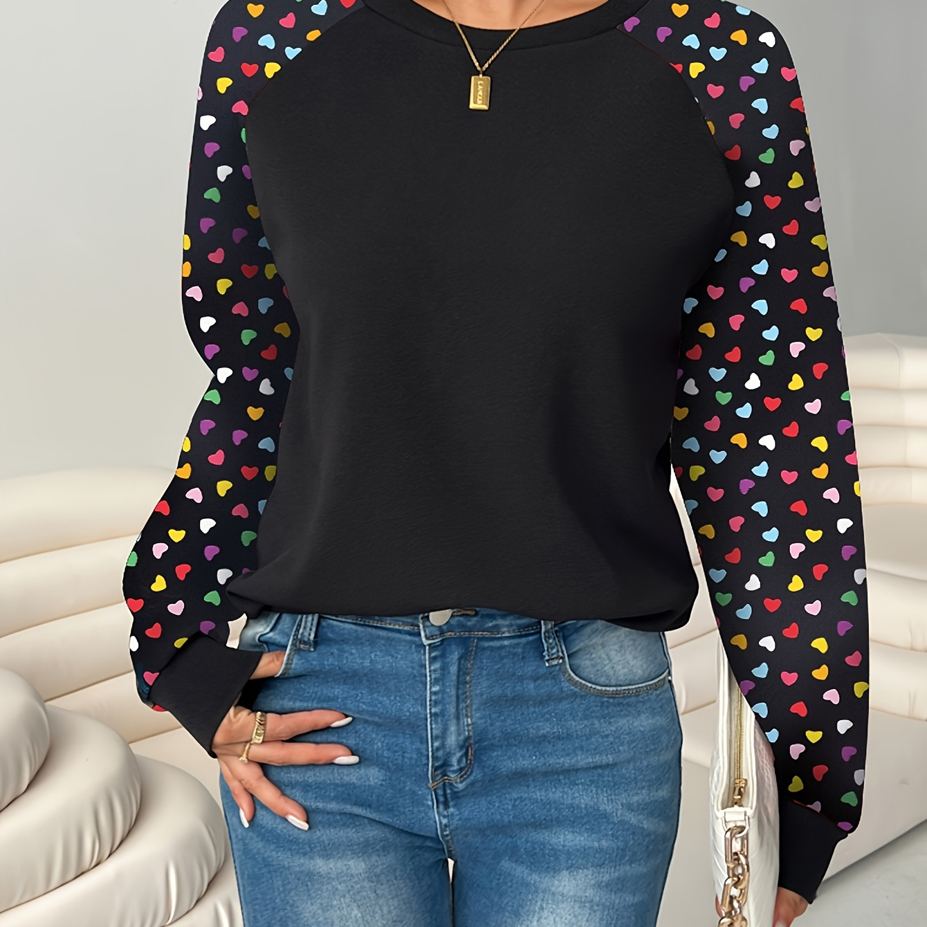 

Women' Black Long Sleeve T-shirt With Colorful Heart Print - Casual Crew Neck, Polyester Blend, Machine Washable, Casual Attire