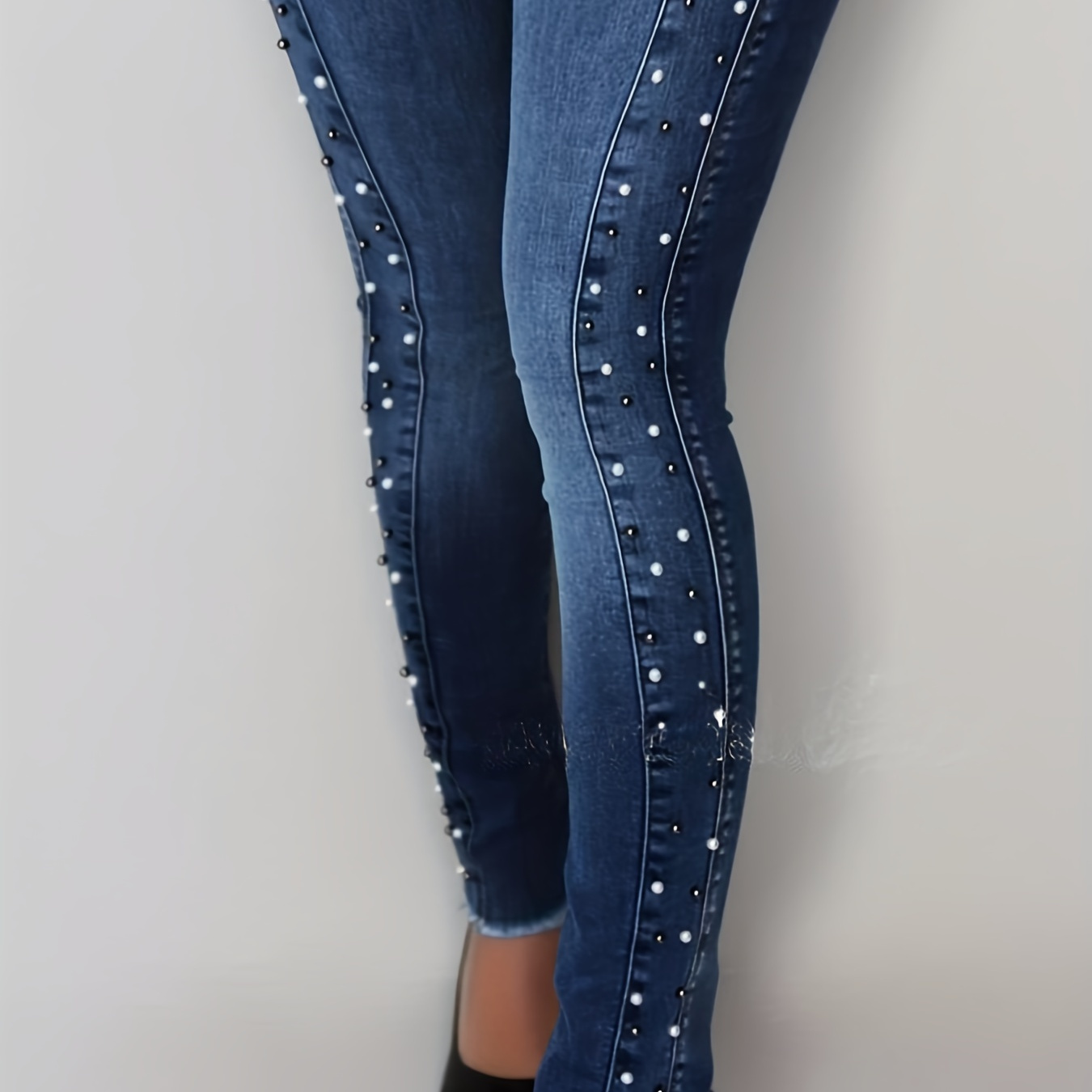 

Blue Faux Pearl Studded Skinny Jeans, Raw Hem Slim Fit High-stretch High Rise Tight Jeans, Women's Denim Jeans & Clothing