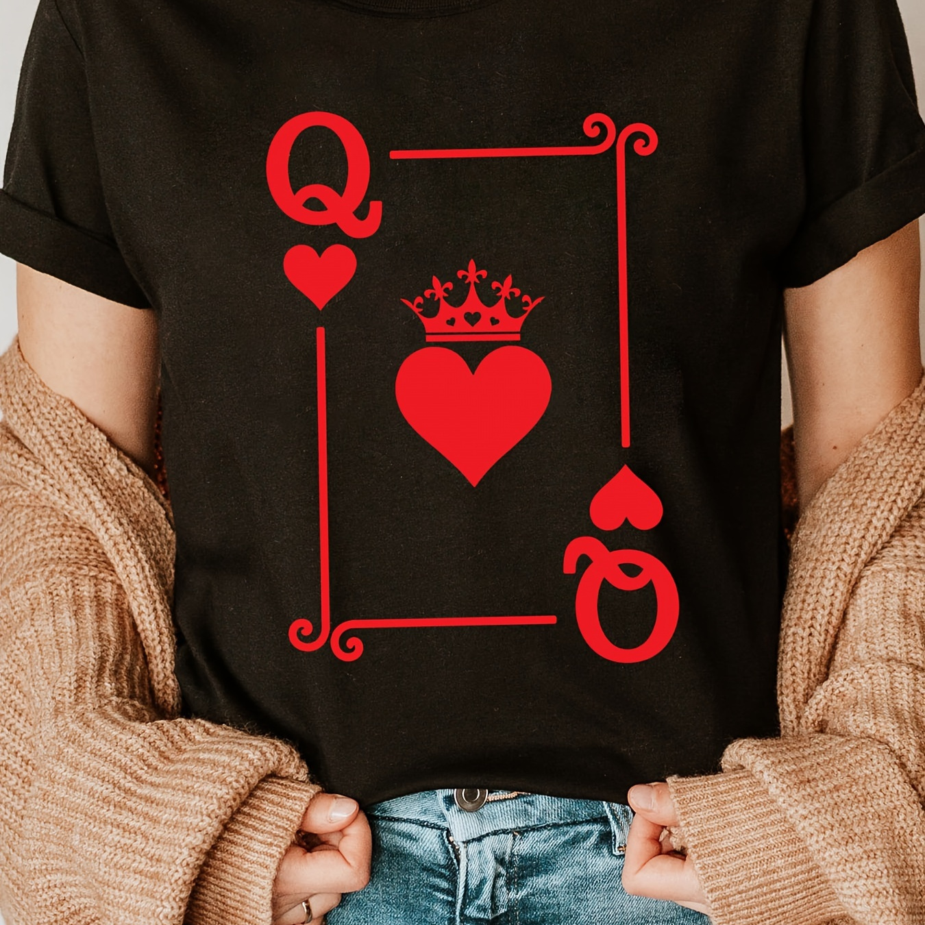 

Queen Of Hearts print Crew Neck T-shirt, Short Sleeve Casual Top For Summer & Spring, Women's Clothing