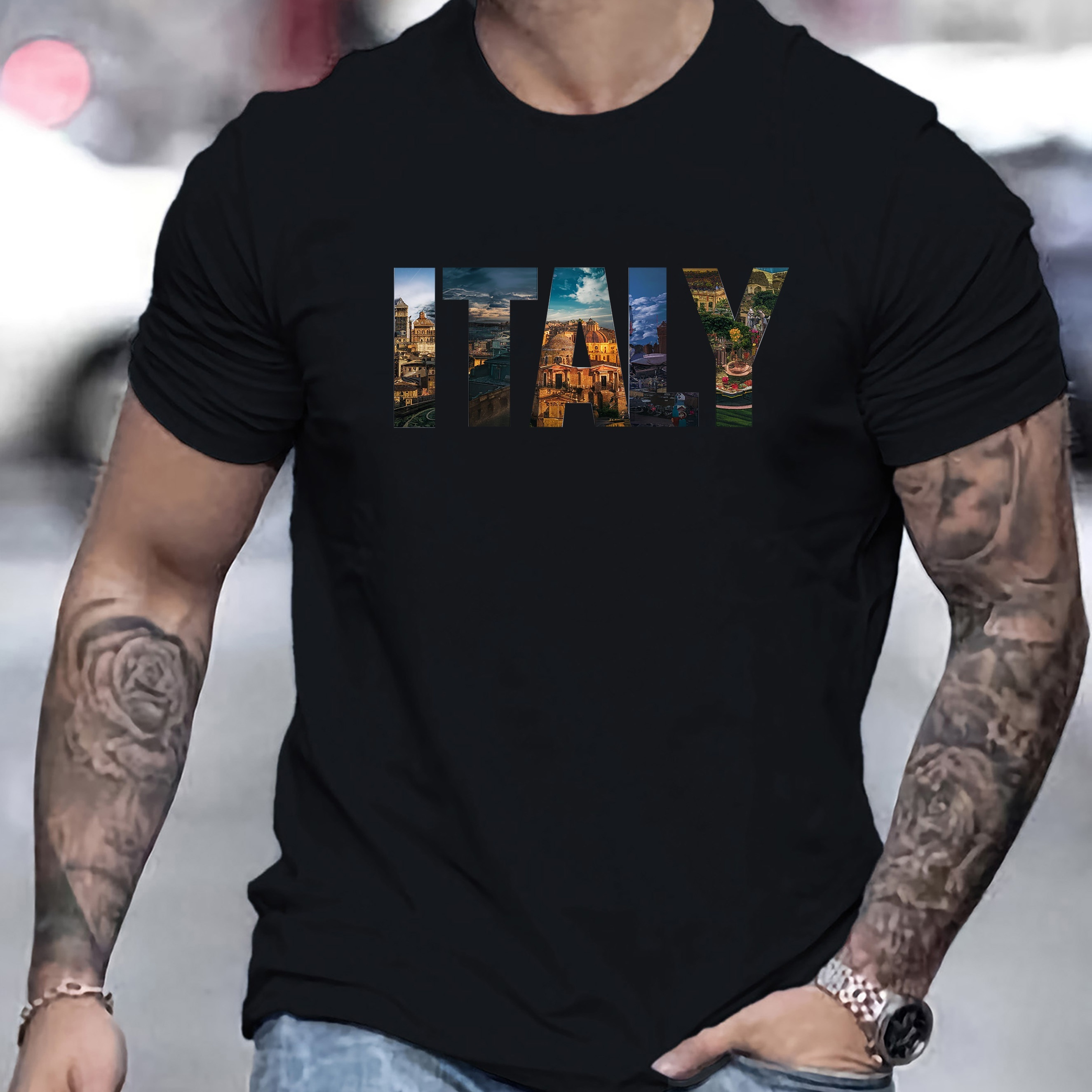 

Italy Graphic Men's Short Sleeve T-shirt, Comfy Stretchy Trendy Tees For Summer, Casual Daily Style Fashion Clothing