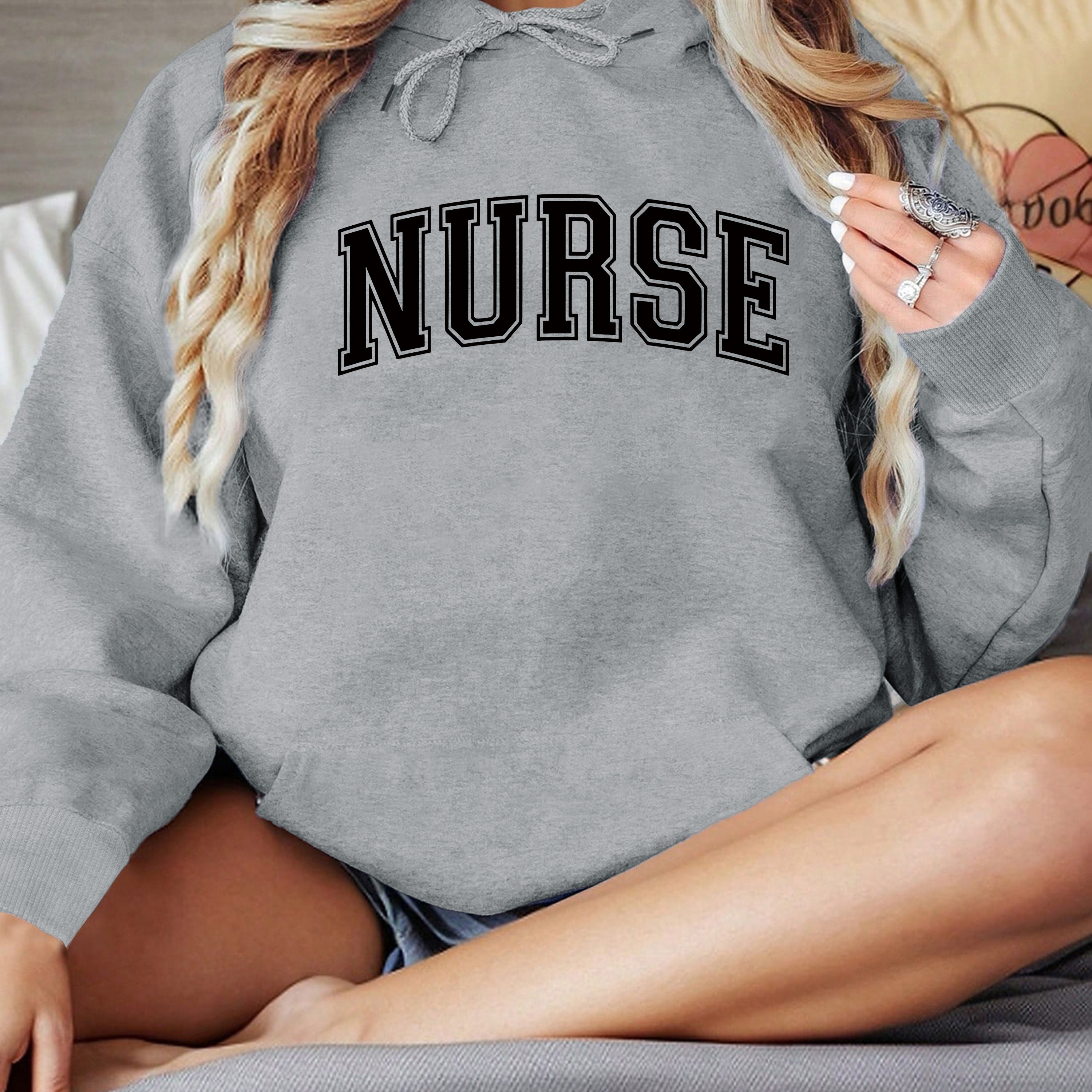 

Nurse Print Hoodie, Casual Long Sleeve Kangaroo Pocket Hooded Sweatshirt, Women's Clothing