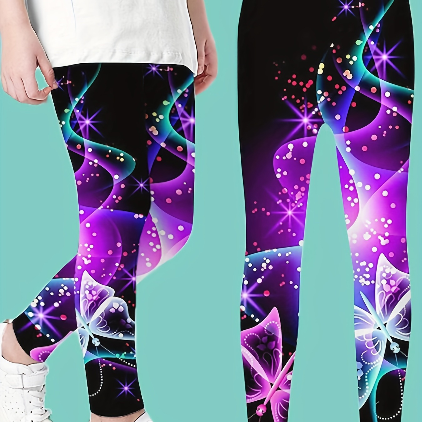 

1pc Shining Lights & Butterfly Print Leggings Cute Pants Girls Pants Kids Clothes Spring/ Fall, Sports